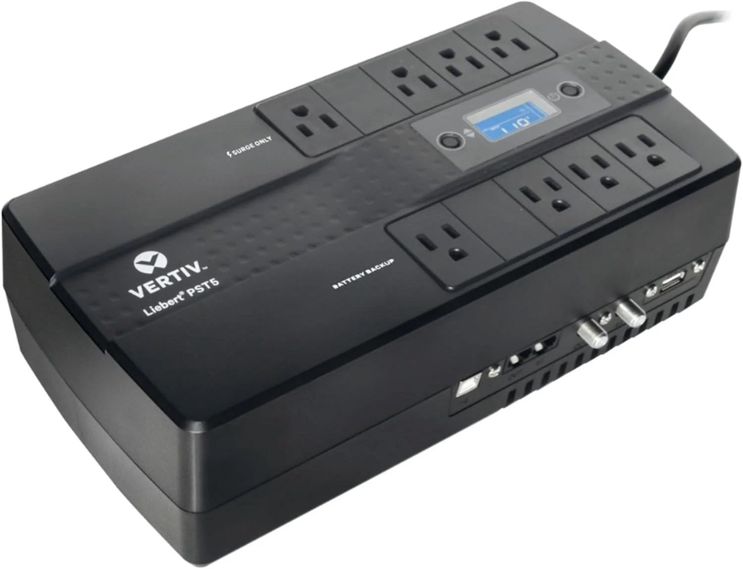 منبع تغذیه بدون وقفه (UPS) لیبرت ورتیو PST5 با ظرفیت 660VA و توان 400W، دارای باتری پشتیبان و محافظت در برابر نوسانات برق، هشت خروجی