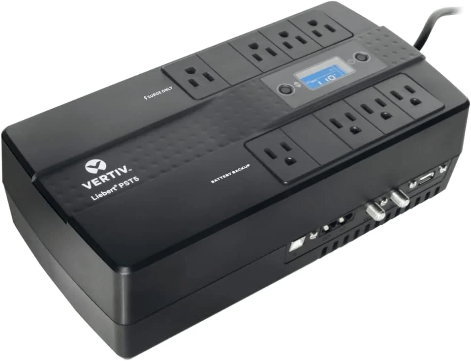 منبع تغذیه بدون وقفه (UPS) لیبرت ورتیو PST5 با ظرفیت 850VA و توان 500W به همراه باتری پشتیبان و محافظت در برابر نوسانات برق، دارای هشت خروجی (PST5-850MT120)