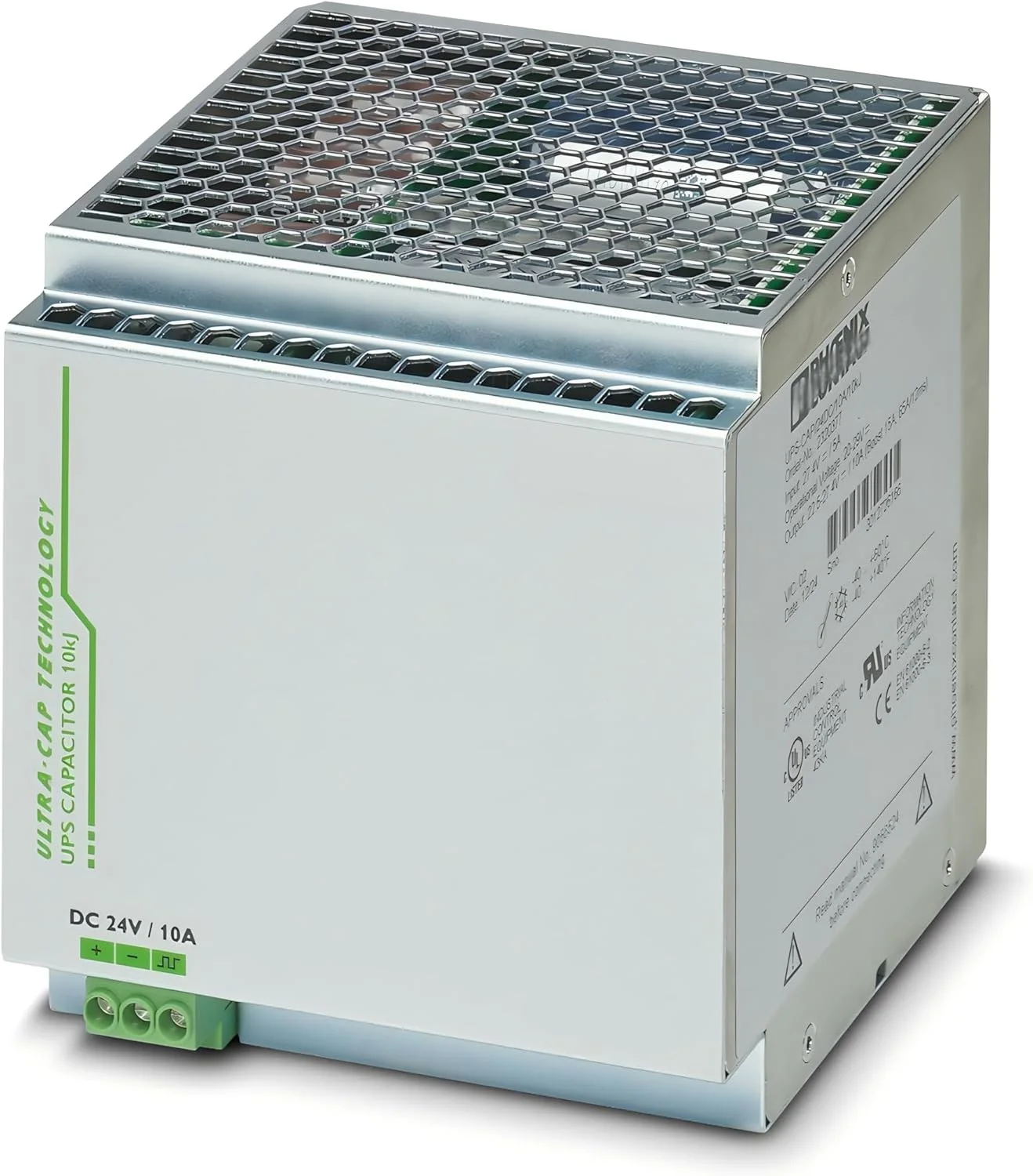 دستگاه ذخیره سازی پرقدرت بدون نیاز به نگهداری UPS-CAP/24DC/10A/10KJ=2320377، مبتنی بر خازن دولایه، 24 ولت DC، 10 کیلوژول، تشخیص خودکار و ارتباط با QUINT UPS-IQ