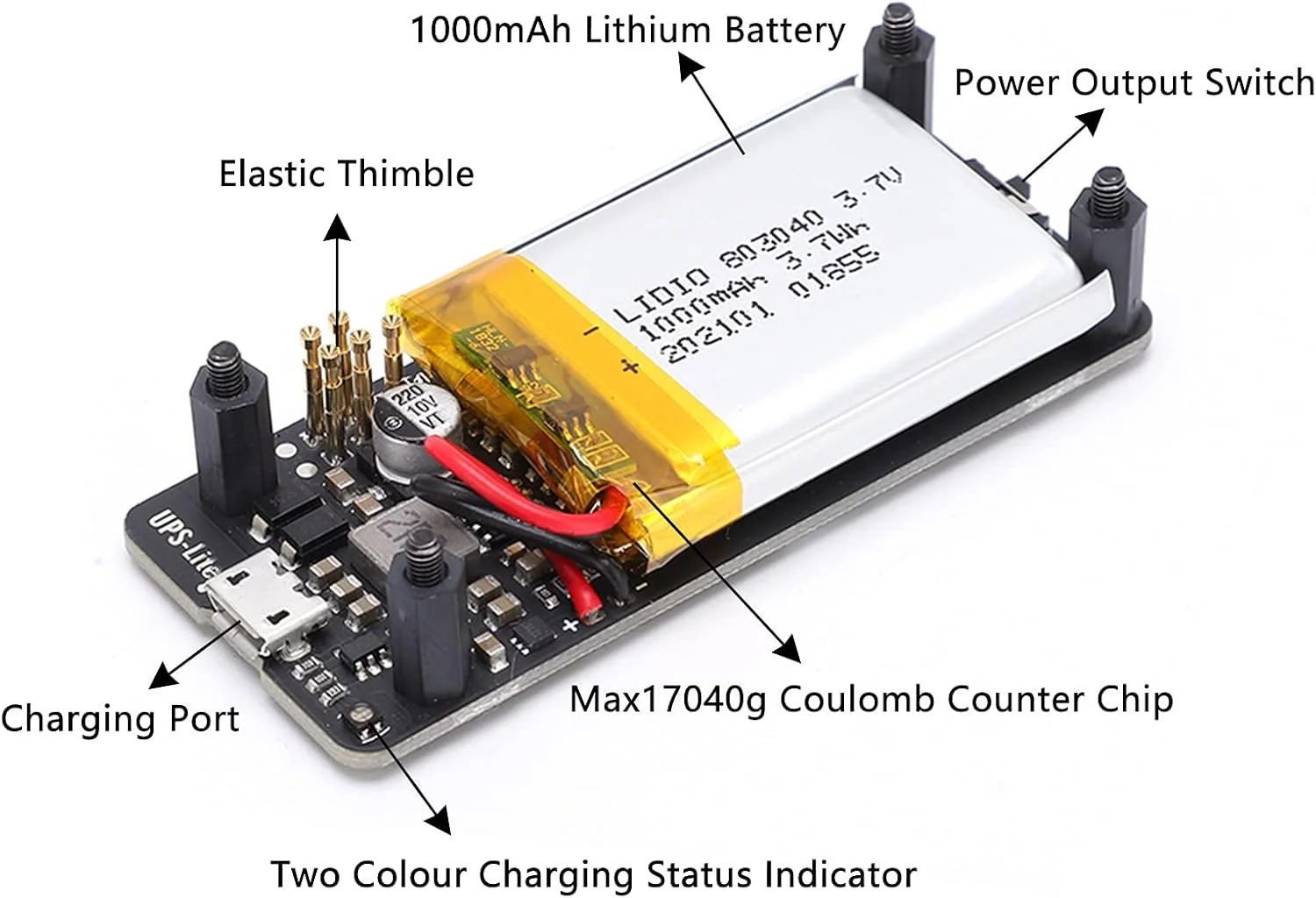 برد تغذیه MAX17040G با باتری یکپارچه 1000 میلی آمپر ساعتی، تشخیص اتصال برق خارجی، شارژ و دشارژ و نشانگر وضعیت شارژ دو رنگ