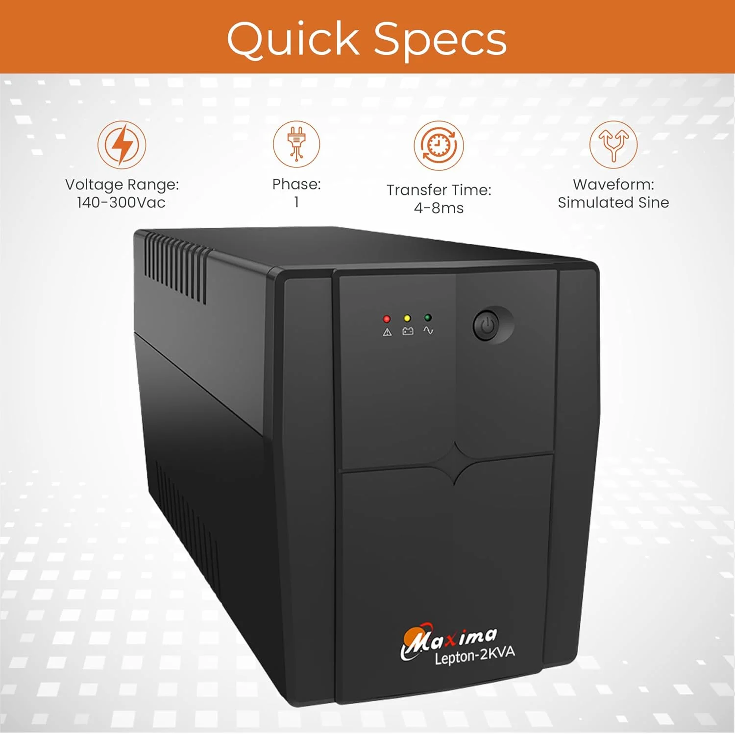 یو پی اس لاین اینتراکتیو ماکسیما مدل Solar با توان 2KVA، خروجی موج سینوسی شبیه سازی شده، منبع تغذیه بدون وقفه برای کامپیوتر، دارای باتری داخلی 12V/9Ah x 2، تثبیت کننده ولتاژ AVR، محافظت کامل از کامپیوتر