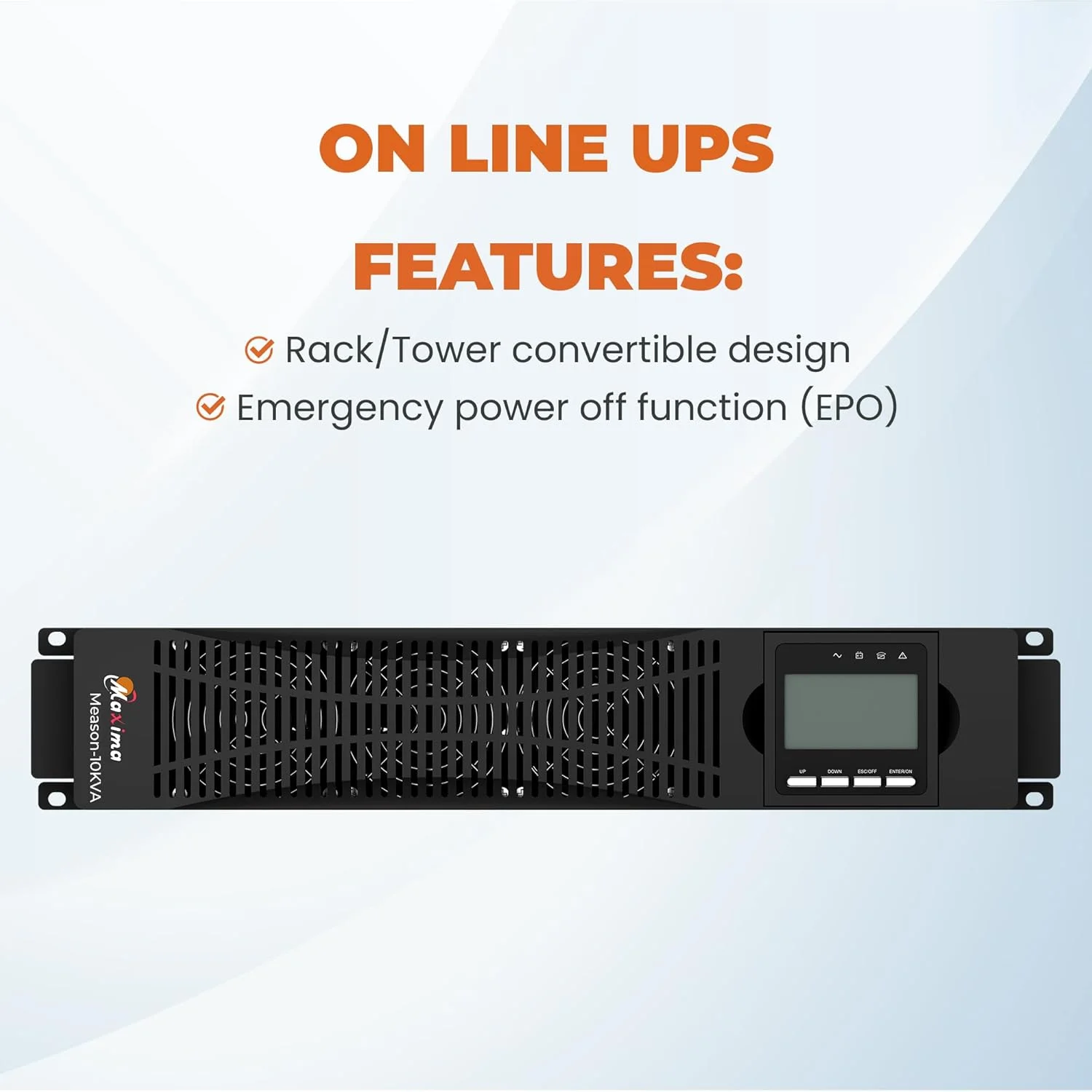 یو پی اس آنلاین 10KVA Pro ماکسیما سولار، یو پی اس با خروجی موج سینوسی خالص، یو پی اس 10KVA Pro با باتری داخلی 96/108/120Vdc، یو پی اس با محدوده ولتاژ خروجی 208-240، یو پی اس با تکنولوژی آنلاین برای بارهای پرقدرت.