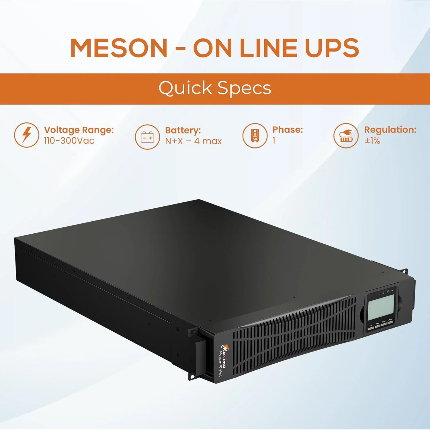 یو پی اس آنلاین 10KVA Pro ماکسیما سولار، یو پی اس با خروجی موج سینوسی خالص، یو پی اس 10KVA Pro با باتری داخلی 96/108/120Vdc، یو پی اس با محدوده ولتاژ خروجی 208-240، یو پی اس با تکنولوژی آنلاین برای بارهای پرقدرت.