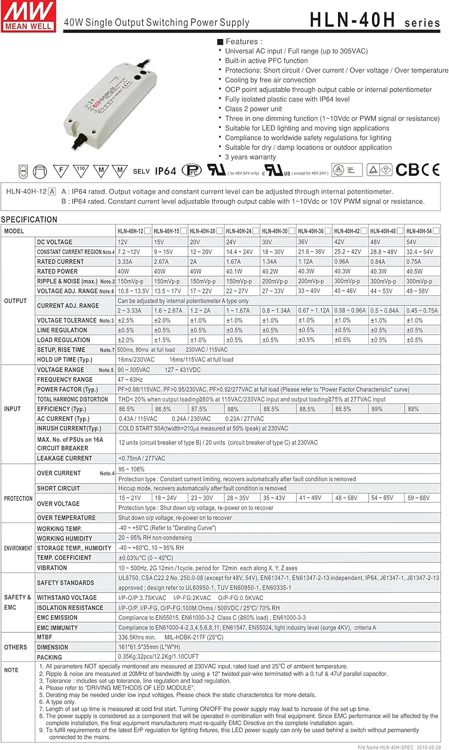 منبع تغذیه سوئیچینگ ال ای دی 24 ولت 1.67 آمپر 40 وات تک خروجی مدل HLN-40H-24A