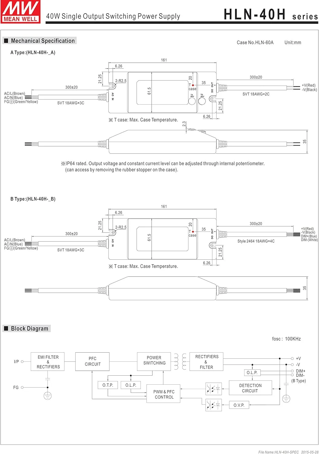منبع تغذیه سوئیچینگ ال ای دی 24 ولت 1.67 آمپر 40 وات تک خروجی مدل HLN-40H-24A