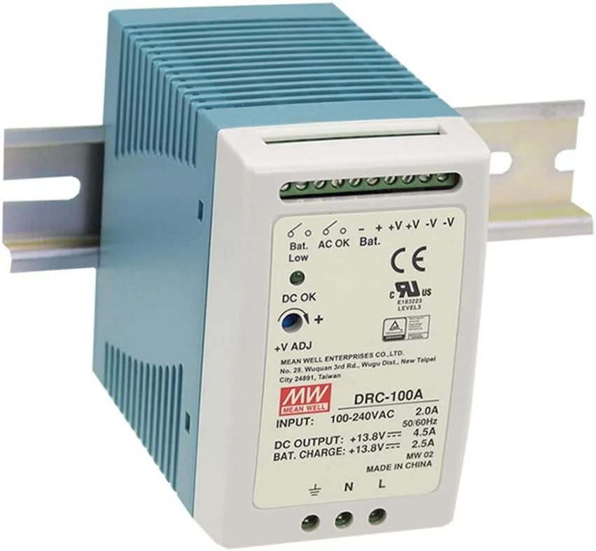 منبع تغذیه تک خروجی 27.6 ولت 2.25 آمپر 1.25 آمپر 96.6 وات MeanWell مدل DRC-100B با شارژر باتری (عملکرد UPS) سری امنیتی