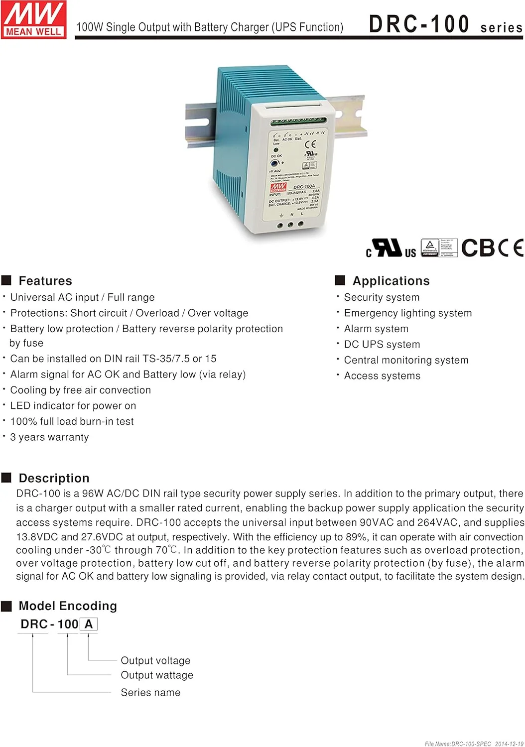 منبع تغذیه تک خروجی 27.6 ولت 2.25 آمپر 1.25 آمپر 96.6 وات MeanWell مدل DRC-100B با شارژر باتری (عملکرد UPS) سری امنیتی