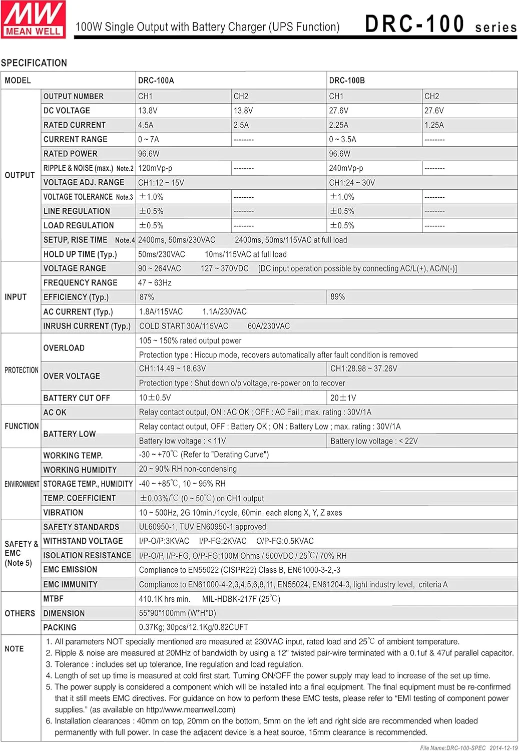 منبع تغذیه تک خروجی 27.6 ولت 2.25 آمپر 1.25 آمپر 96.6 وات MeanWell مدل DRC-100B با شارژر باتری (عملکرد UPS) سری امنیتی