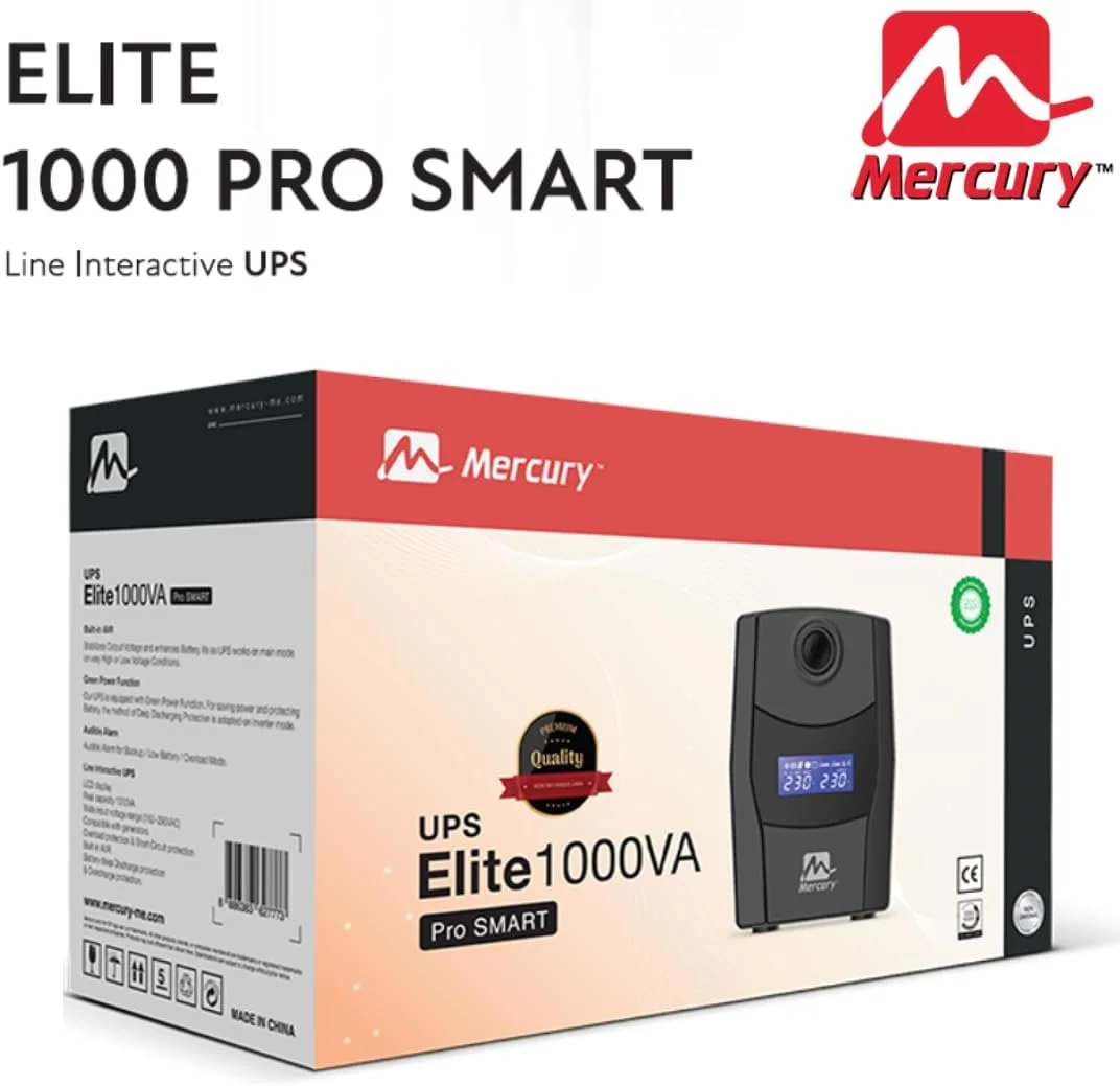 منبع تغذیه بدون وقفه هوشمند مرکوری Elite 1000 Pro، تعاملی خطی، 1KVA/600W، 230V، نمایشگر LCD، 3 خروجی