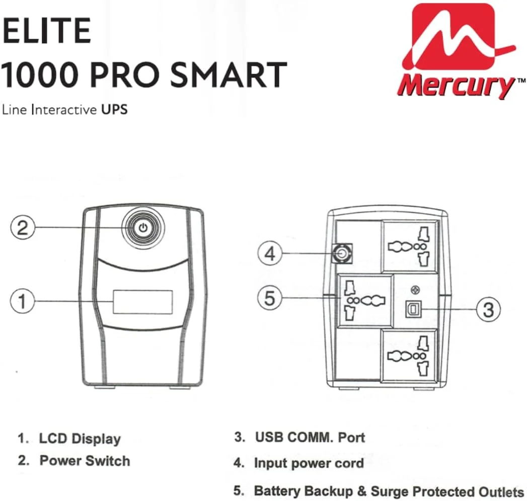 منبع تغذیه بدون وقفه هوشمند مرکوری Elite 1000 Pro، تعاملی خطی، 1KVA/600W، 230V، نمایشگر LCD، 3 خروجی