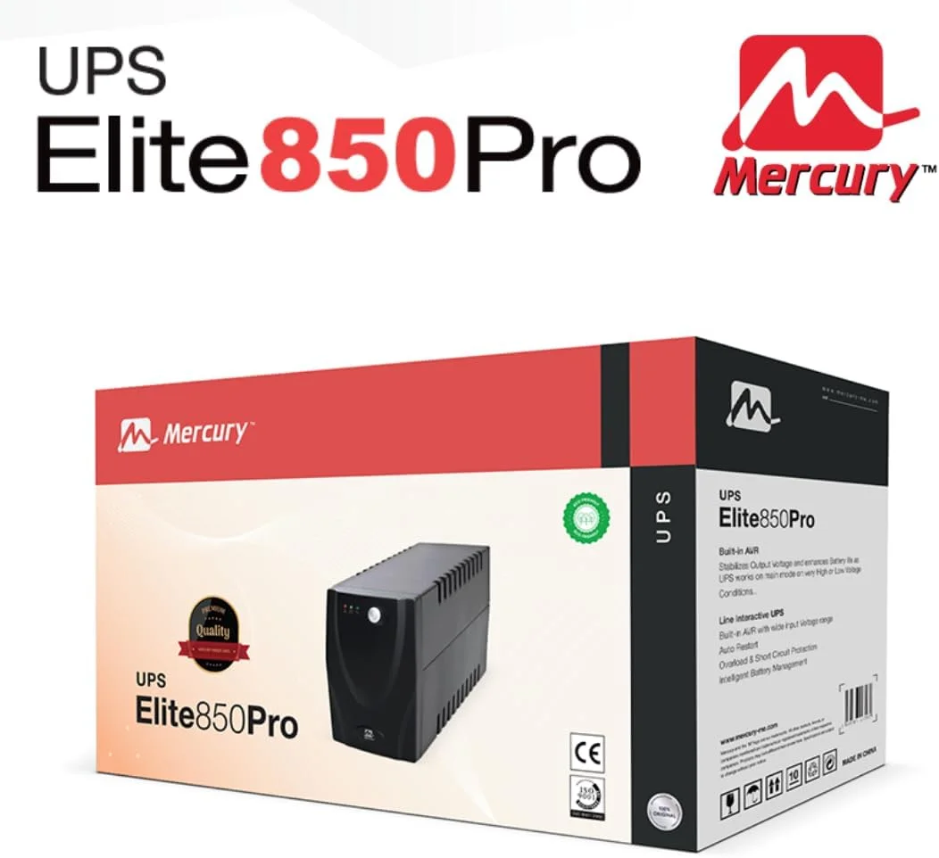 منبع تغذیه آفلاین مرکوری Elite UPS 850 Pro، با توان 850VA/510W، دارای 2 پریز یونیورسال و باتری 9AH