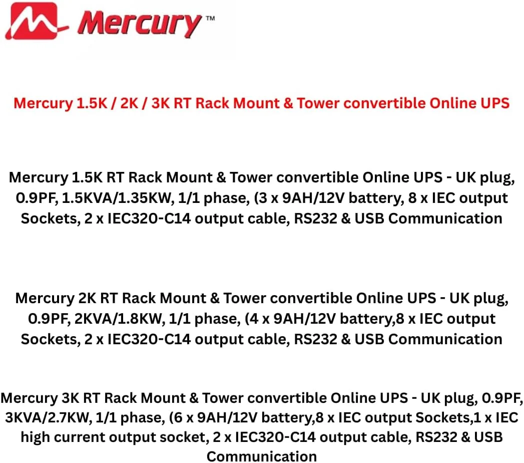 یو پی اس آنلاین مرکوری، 1.5K/2K/3K RT، قابل نصب در رک و تبدیل به حالت ایستاده (2K RT)
