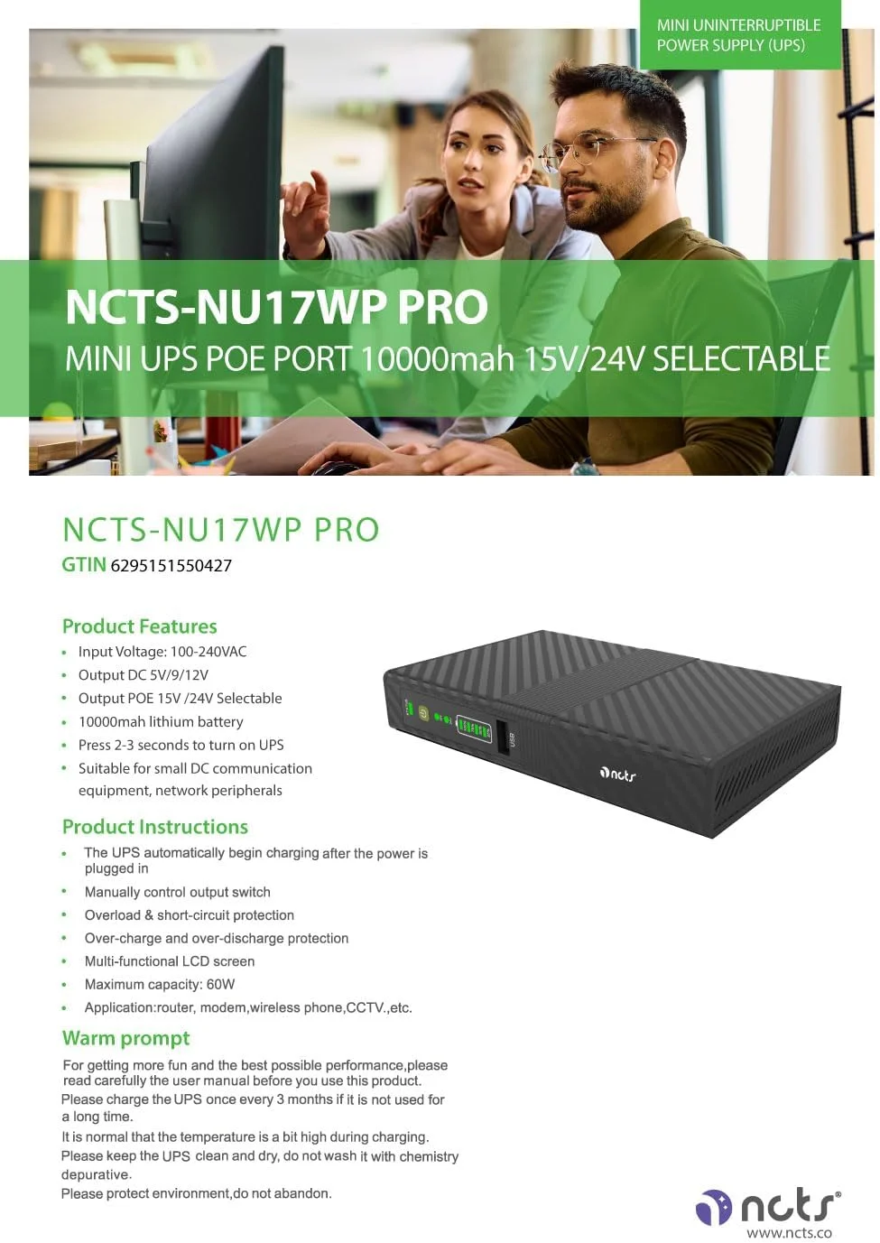 منبع تغذیه اضطراری کوچک NCTS NU17WP PRO با پورت POE، ظرفیت 10000mAh، ولتاژ قابل انتخاب 15V/24V - منبع تغذیه اضطراری 17 واتی / پشتیبان برق چند منظوره / GTIN 6295151550427