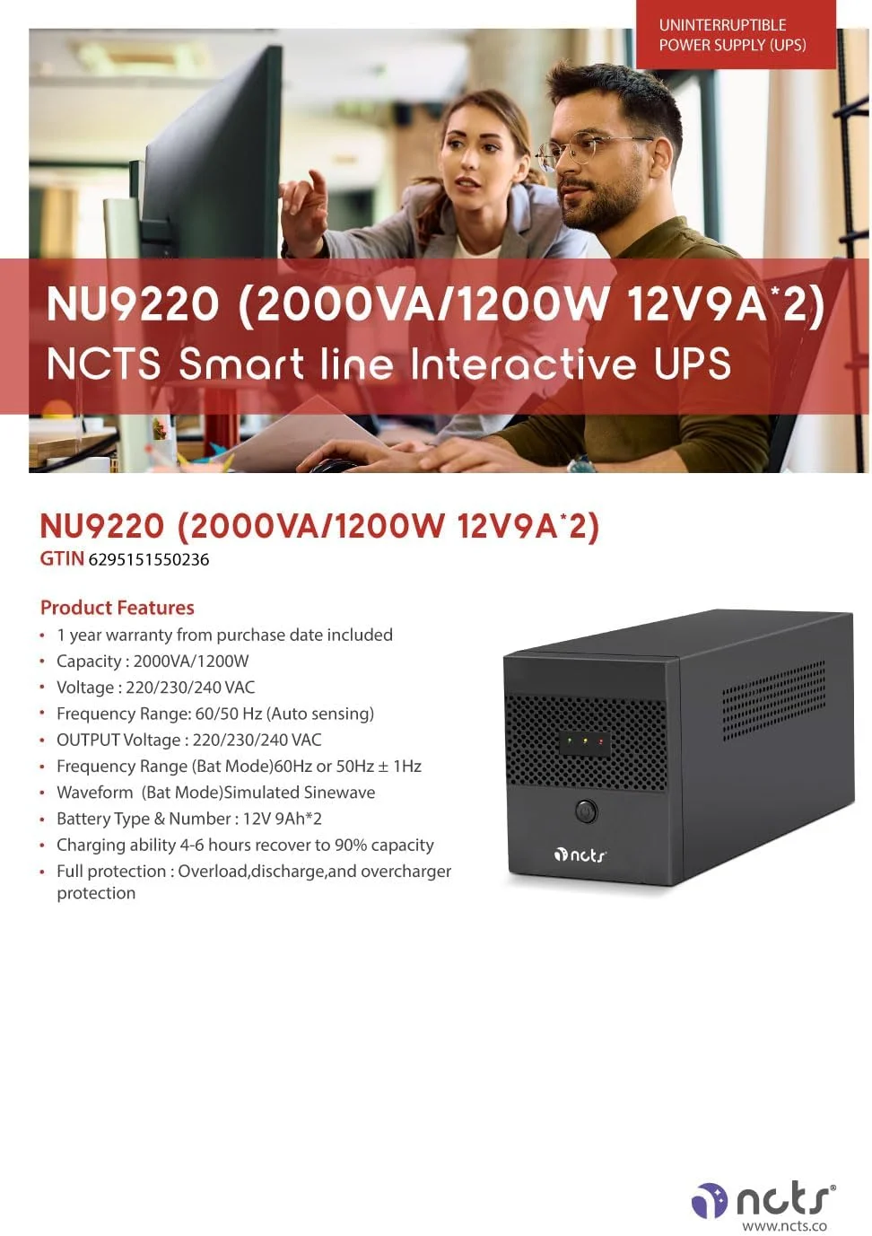 یو پی اس هوشمند NCTS NU9220، 2000VA، 1200W، دارای دو باتری 12V 9Ah، خروجی موج سینوسی خالص، AVR، نمایشگر LCD، محافظت از نوسانات برق برای سرورها، کامپیوترها و سایر دستگاه ها، GTIN: 6295151550236