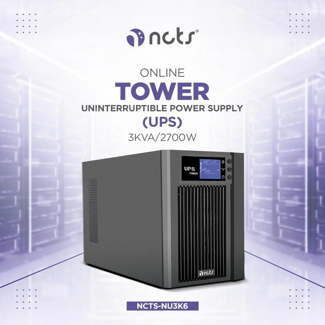 یو پی اس آنلاین سینوسی خالص NCTS NU3K6 – 3KVA 2.7KW، پشتیبان و محافظت از برق برای دفتر کار خانگی، کامپیوتر رومیزی و مغازه ها، 12V 7A x 6، زمان انتقال صفر، سازگار با ژنراتور، نمایشگر LCD، ورودی فعال