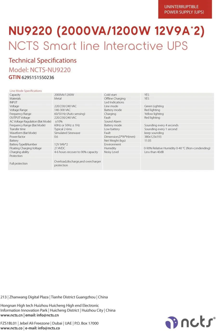 یو پی اس هوشمند NCTS NU9220، 2000VA، 1200W، دارای دو باتری 12V 9Ah، خروجی موج سینوسی خالص، AVR، نمایشگر LCD، محافظت از نوسانات برق برای سرورها، کامپیوترها و سایر دستگاه ها، GTIN: 6295151550236