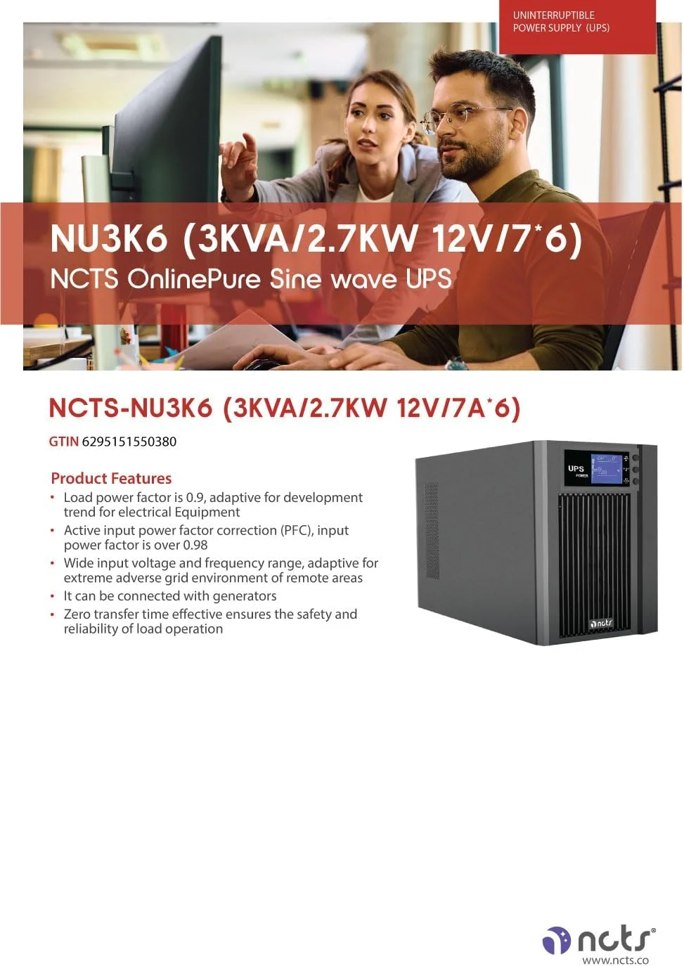 یو پی اس آنلاین سینوسی خالص NCTS NU3K6 – 3KVA 2.7KW، پشتیبان و محافظت از برق برای دفتر کار خانگی، کامپیوتر رومیزی و مغازه ها، 12V 7A x 6، زمان انتقال صفر، سازگار با ژنراتور، نمایشگر LCD، ورودی فعال