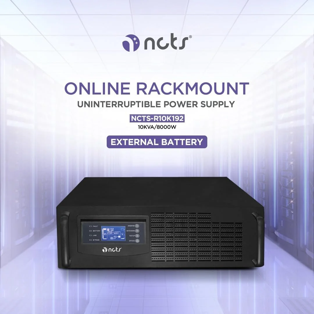 یو پی اس آنلاین رک مونت/تاور NCTS R10K192 – 10KVA 8000W، ضریب توان 0.8، زمان انتقال صفر، تبدیل دوگانه آنلاین واقعی، نمایشگر LCD، SNMP، خروجی های IEC، رک مونت 3U – مشکی