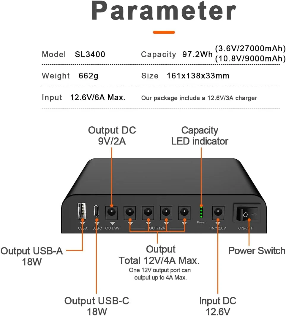 منبع تغذیه پشتیبان TalentCell Mini UPS، باتری لیتیوم یونی 27000mAh 98Wh با خروجی DC 12V/9V/5V برای روتر بی‌سیم، مودم، چراغ LED، دوربین مداربسته، تلفن هوشمند و موارد دیگر