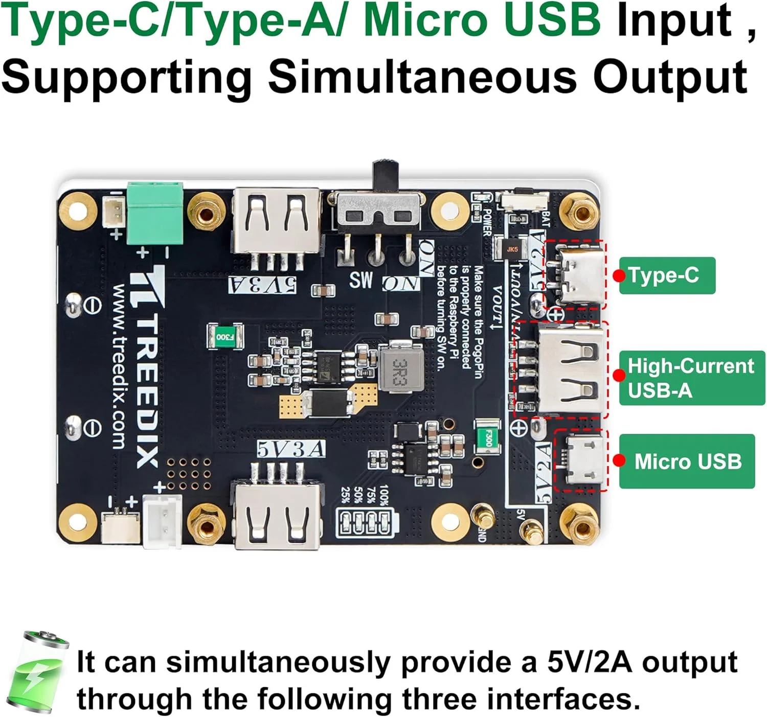 منبع تغذیه بدون وقفه 5 ولت برای رزبری پای، شارژ و خروجی همزمان، تامین برق از طریق پین های Pogo، مدار تقویت کننده پرقدرت سازگار با رزبری پای زیرو/2B/3B/3B+/4B