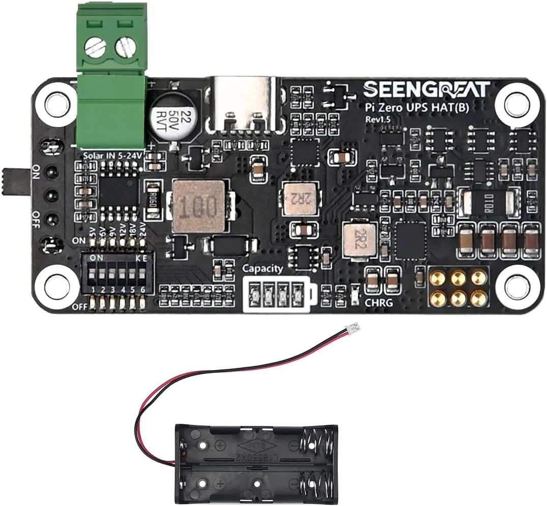منبع تغذیه بدون وقفه HAT برای رزبری پای زیرو، خروجی پایدار 5 ولت، شارژ خورشیدی (5V–24V)، نظارت بر باتری از طریق I2C، نشانگرهای LED، برد توسعه UPS کم مصرف