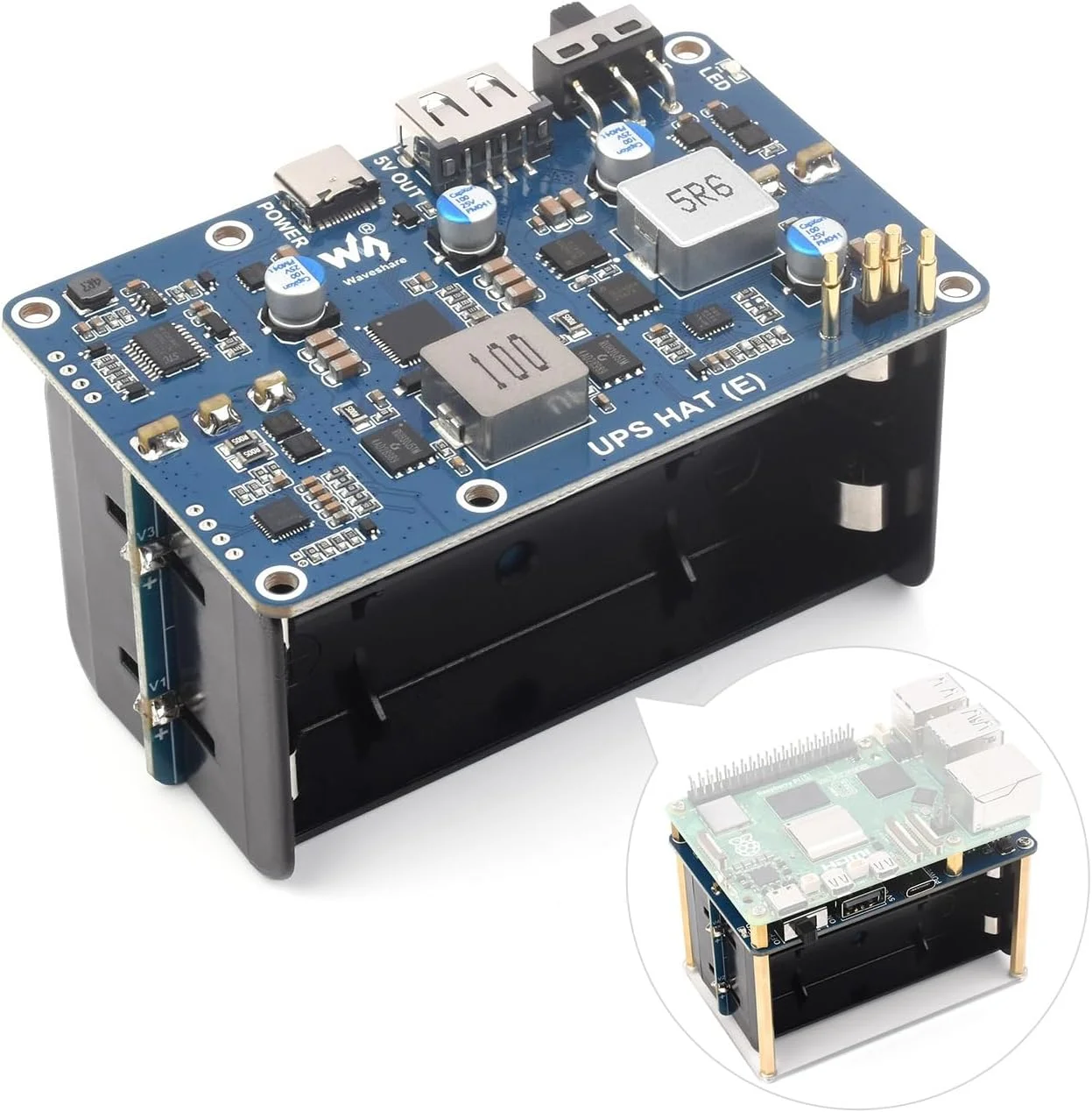 هت UPS مدل Waveshare (E) برای رزبری پای 5/4B/3B+، پشتیبانی از 4 عدد باتری لیتیومی 21700 (شامل نمی‌شود)، شارژ سریع دو طرفه، خروجی 5 ولت 6 آمپر، کانکتور پین‌های Pogo