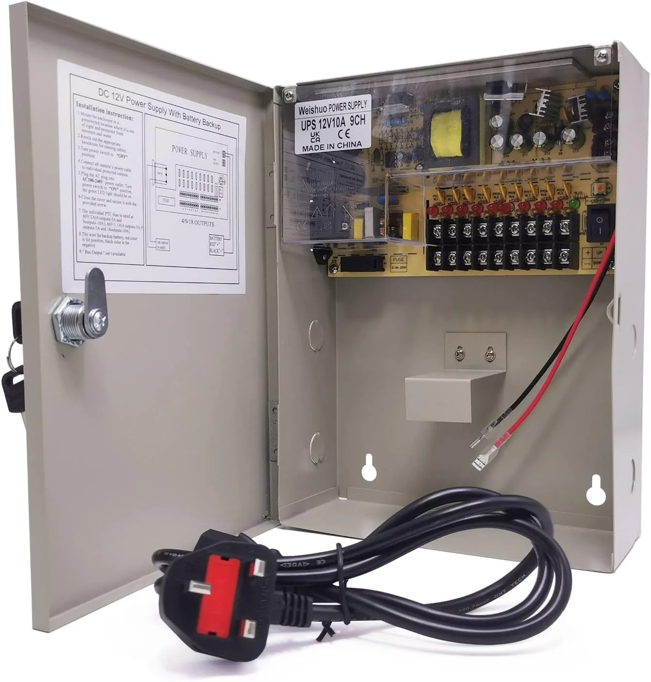 منبع تغذیه ۱۲ ولت ۱۰ آمپر ۹ کانال با قابلیت پشتیبان گیری باتری و دوشاخه برق متناوب برای دوربین مداربسته، کنترل دسترسی و ال ای دی