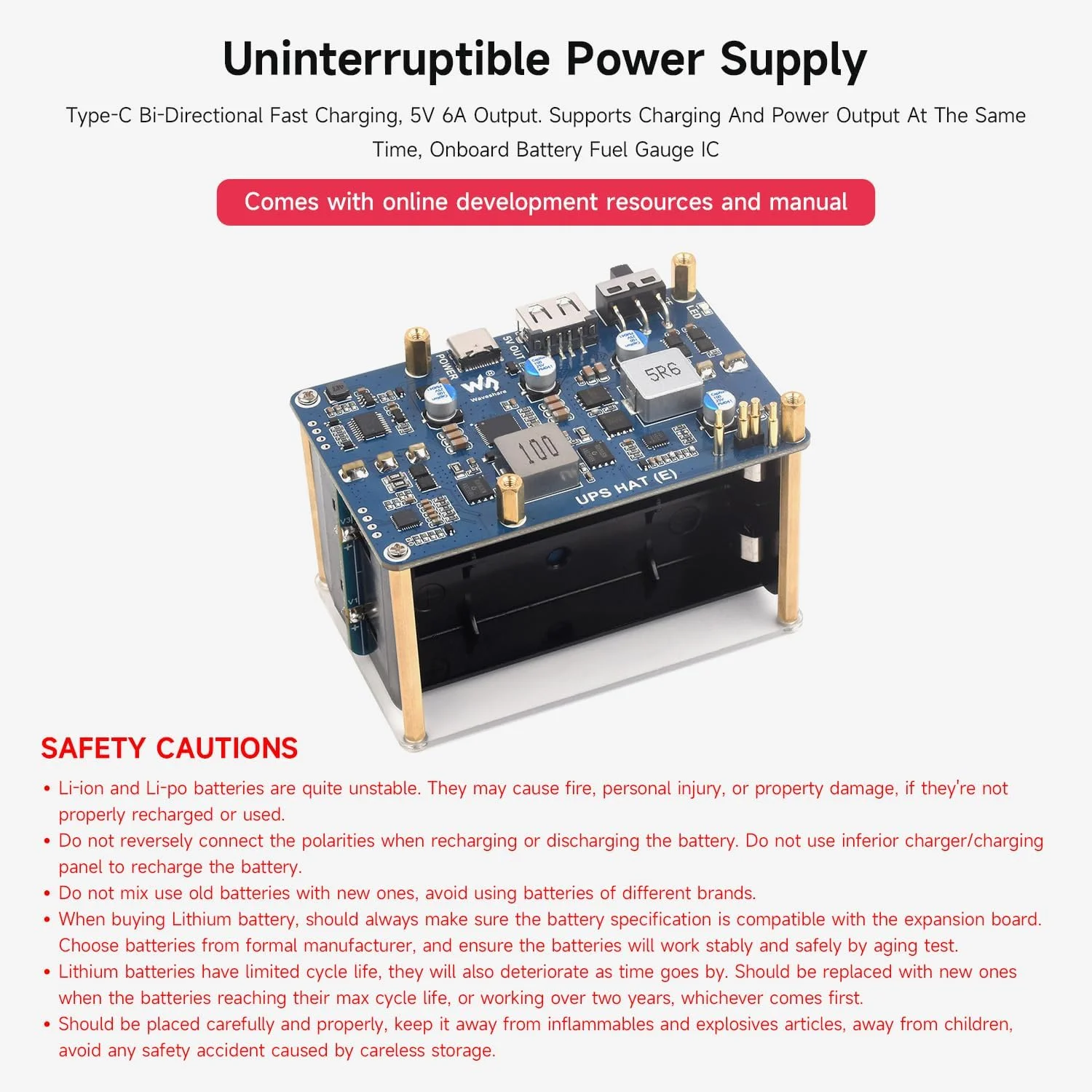 هت UPS مدل Waveshare (E) برای رزبری پای 5/4B/3B+، پشتیبانی از 4 عدد باتری لیتیومی 21700 (شامل نمیشود)، شارژ سریع دو طرفه، خروجی 5 ولت 6 آمپر، کانکتور پینهای Pogo هت UPS مدل Waveshare (E) برای رزبری پای 5/4B/3B+، پشتیبانی از 4 عدد باتری لیتیومی 21700 (شامل نمیشود)، شارژ سریع دو طرفه، خروجی 5 ولت 6 آمپر، کانکتور پینهای Pogo