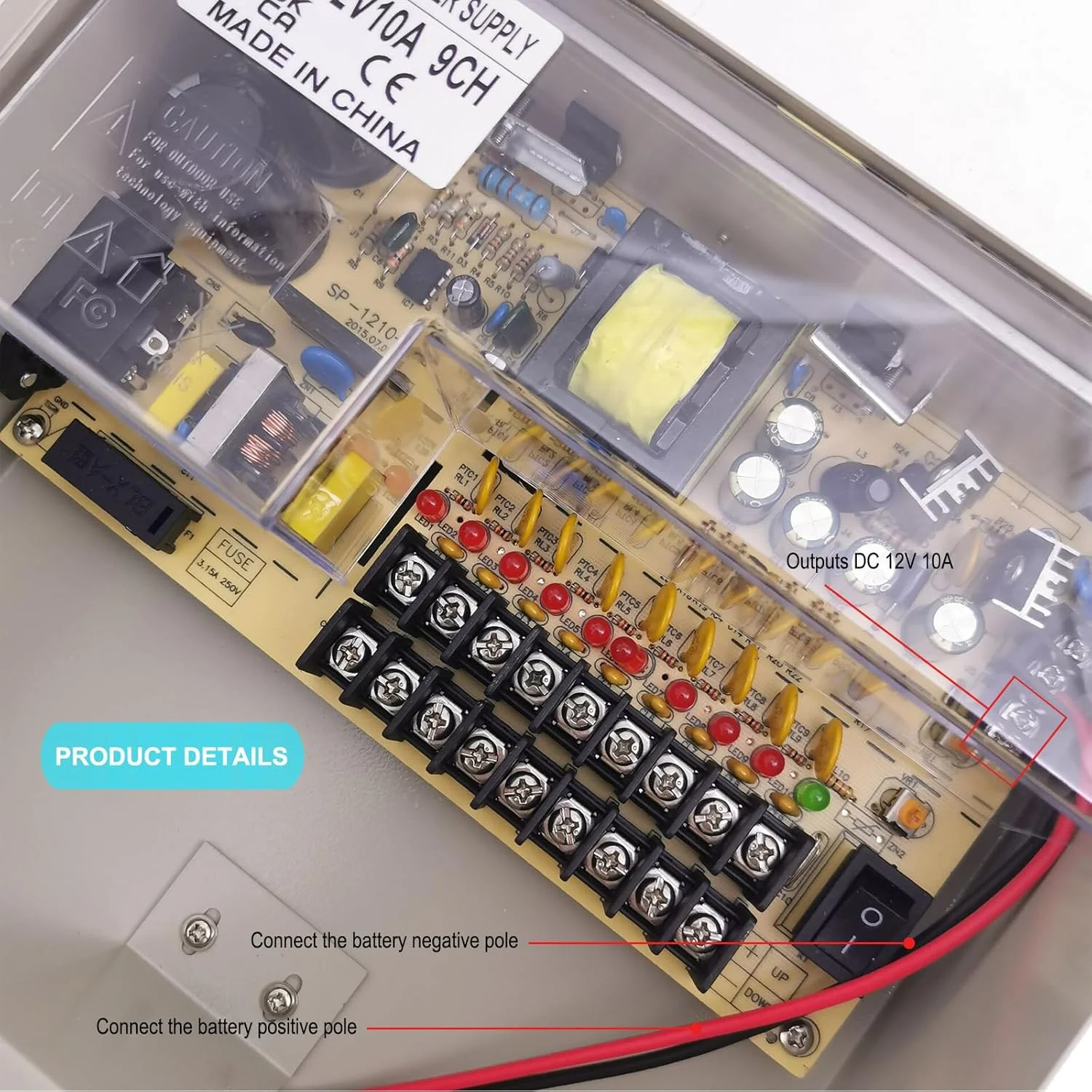 منبع تغذیه ۱۲ ولت ۱۰ آمپر ۹ کانال با قابلیت پشتیبان گیری باتری و دوشاخه برق متناوب برای دوربین مداربسته، کنترل دسترسی و ال ای دی