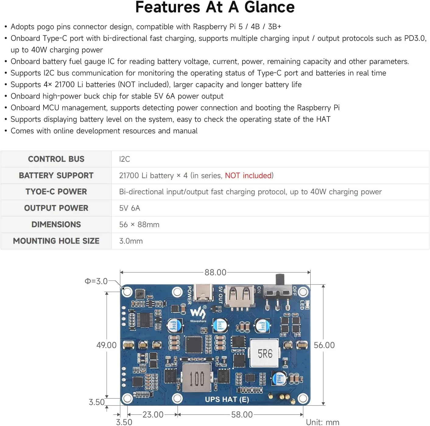 هت UPS مدل Waveshare (E) برای رزبری پای 5/4B/3B+، پشتیبانی از 4 عدد باتری لیتیومی 21700 (شامل نمیشود)، شارژ سریع دو طرفه، خروجی 5 ولت 6 آمپر، کانکتور پینهای Pogo هت UPS مدل Waveshare (E) برای رزبری پای 5/4B/3B+، پشتیبانی از 4 عدد باتری لیتیومی 21700 (شامل نمیشود)، شارژ سریع دو طرفه، خروجی 5 ولت 6 آمپر، کانکتور پینهای Pogo