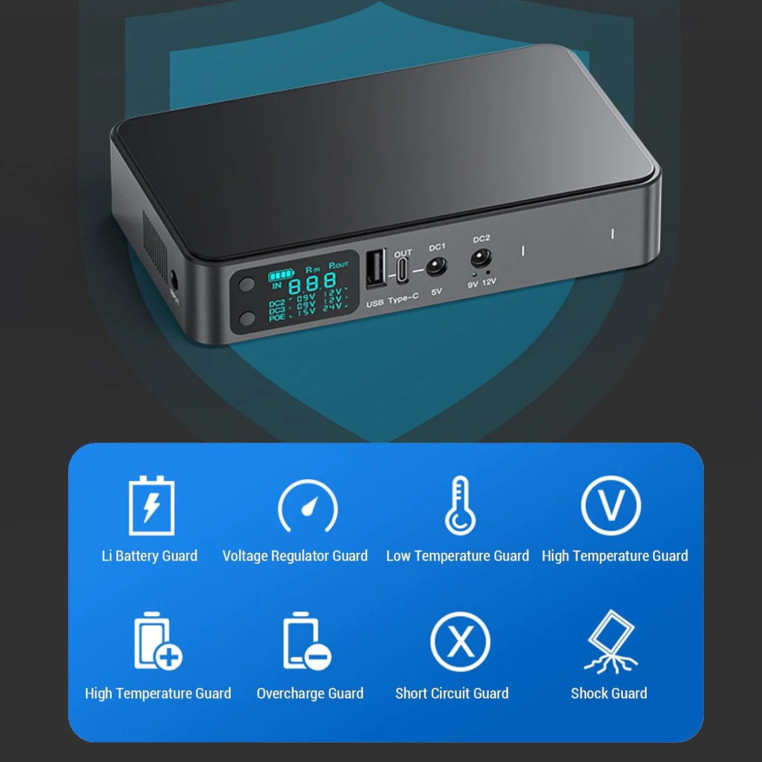 منبع تغذیه UPS یوهایسی، پشتیبان باتری UPS و محافظ، منبع تغذیه باتری پشتیبان بدون وقفه، برای دوربین مداربسته روتر، خروجی 5 ولت 9 ولت 12 ولت