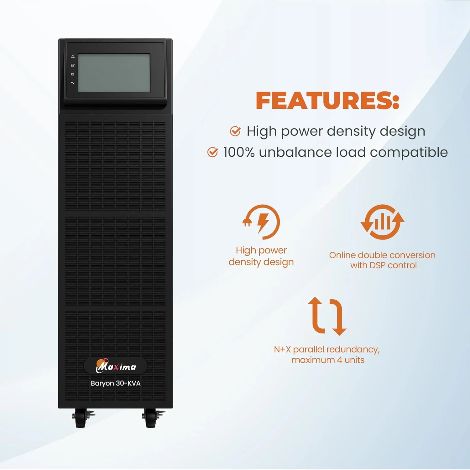 یو پی اس آنلاین سه فاز 30KVA ماکسیما، خروجی موج سینوسی خالص، یو پی اس 30KVA برای کاربردهای سه فاز، کنترل افزونگی N+X، کنترل DSP و یو پی اس حالت ECO