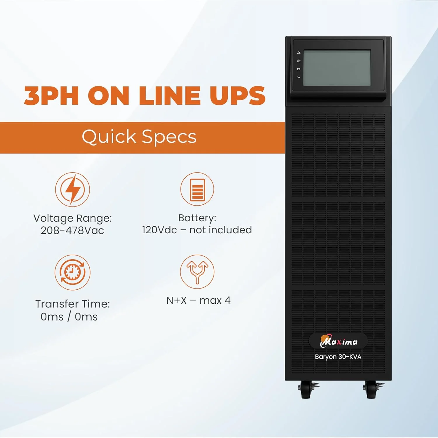 یو پی اس آنلاین سه فاز 30KVA ماکسیما، خروجی موج سینوسی خالص، یو پی اس 30KVA برای کاربردهای سه فاز، کنترل افزونگی N+X، کنترل DSP و یو پی اس حالت ECO