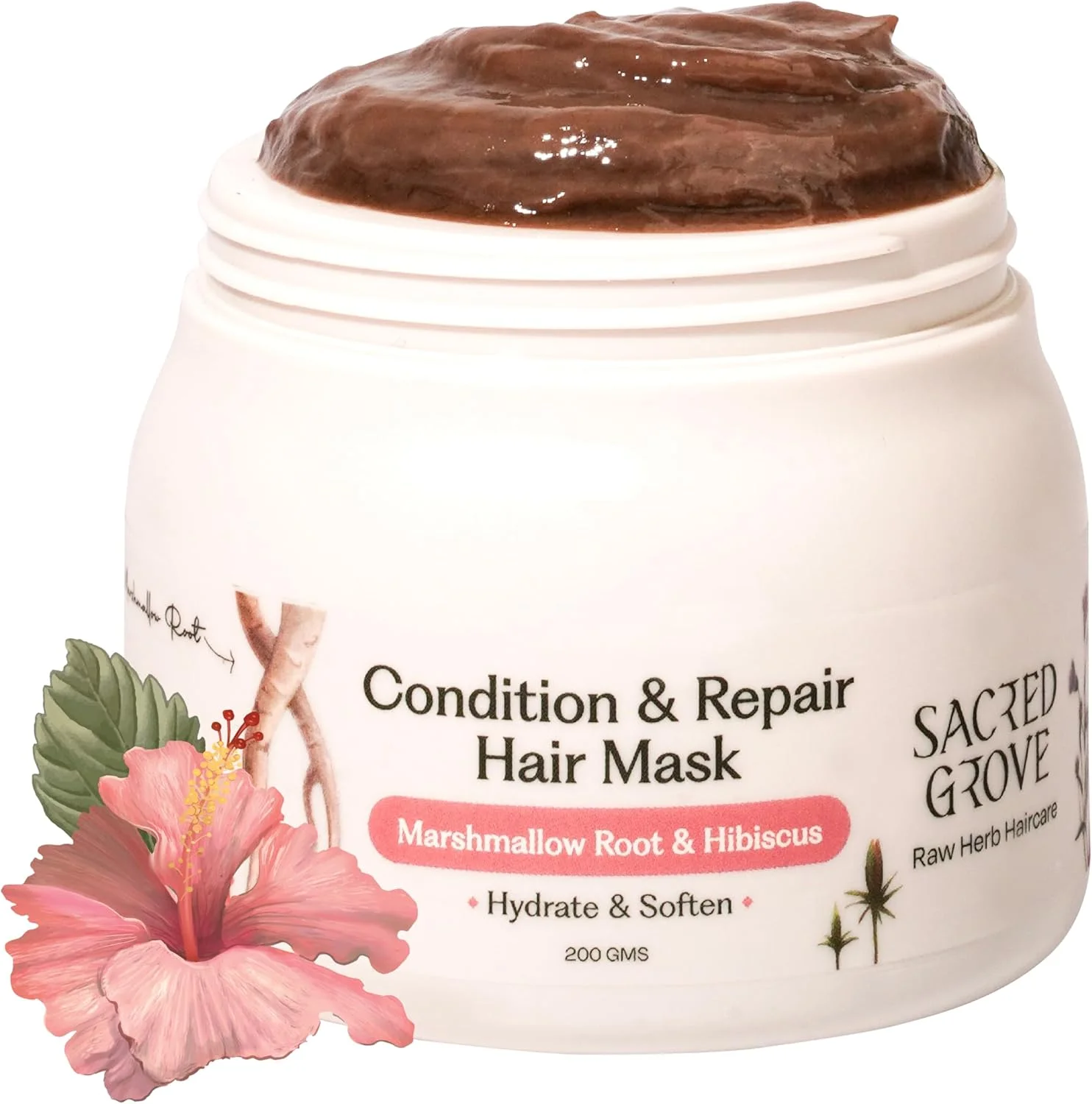 ماسک موی قبل از شامپو Sacred Grove برای ترمیم و حالت دهی | ریشه مارشمالو، گل بامیه و تخم کتان | برای موهای خشک و وز که به طور طبیعی آبرسانی می کند (200 گرم)