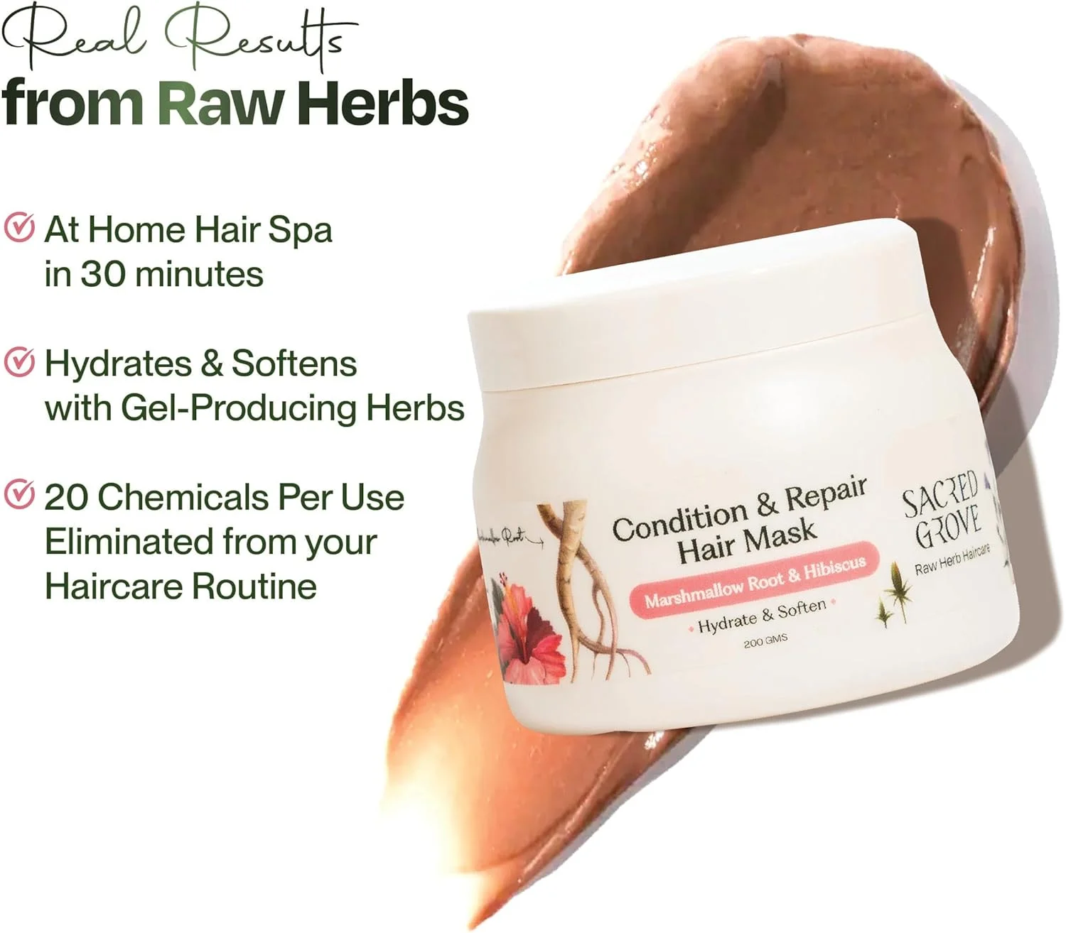 ماسک موی قبل از شامپو Sacred Grove برای ترمیم و حالت دهی | ریشه مارشمالو، گل بامیه و تخم کتان | برای موهای خشک و وز که به طور طبیعی آبرسانی می کند (200 گرم)
