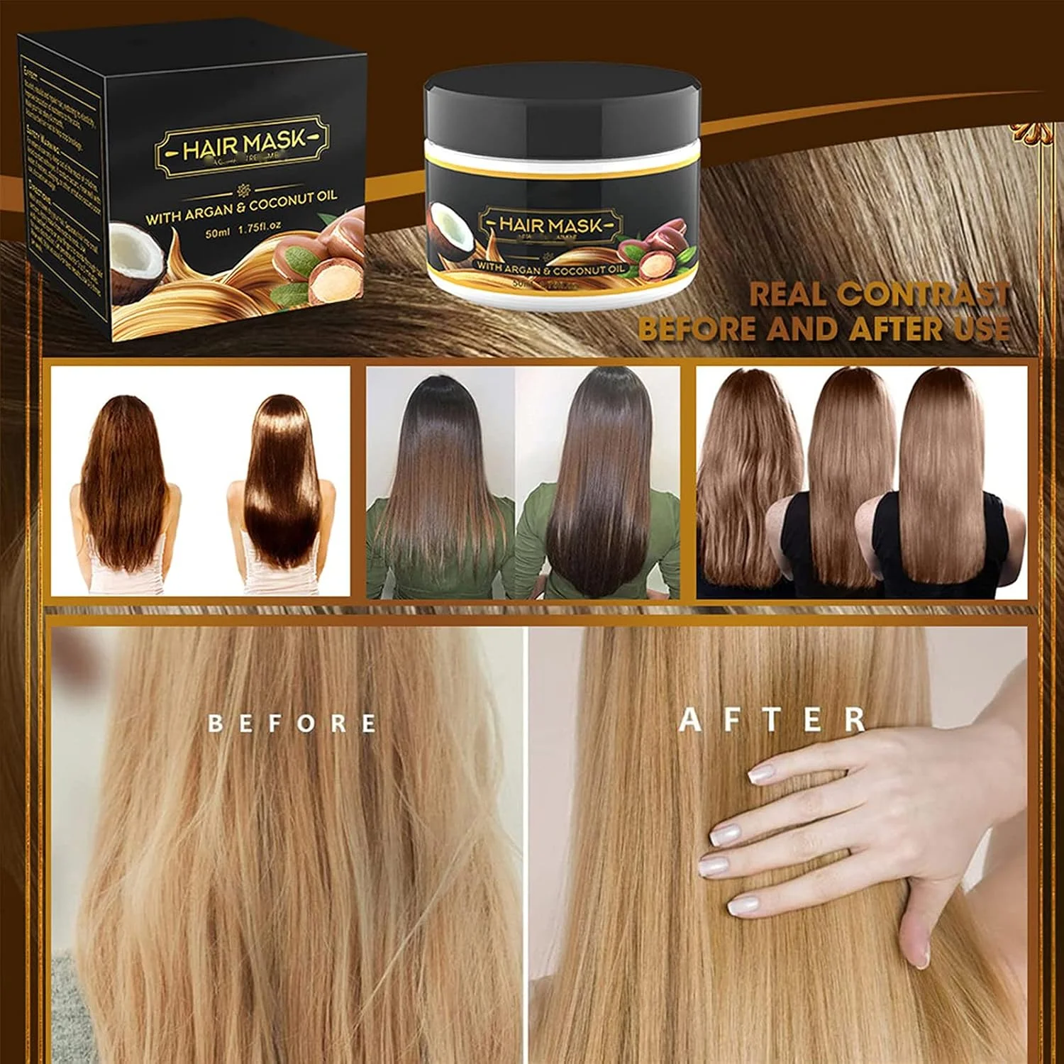 ماسک ترمیم کننده فوری مو حاوی کراتین و روغن های طبیعی، ترمیم کننده ریشه مو، تغذیه و درمان پوست سر، مناسب برای انواع مو (1 عدد)