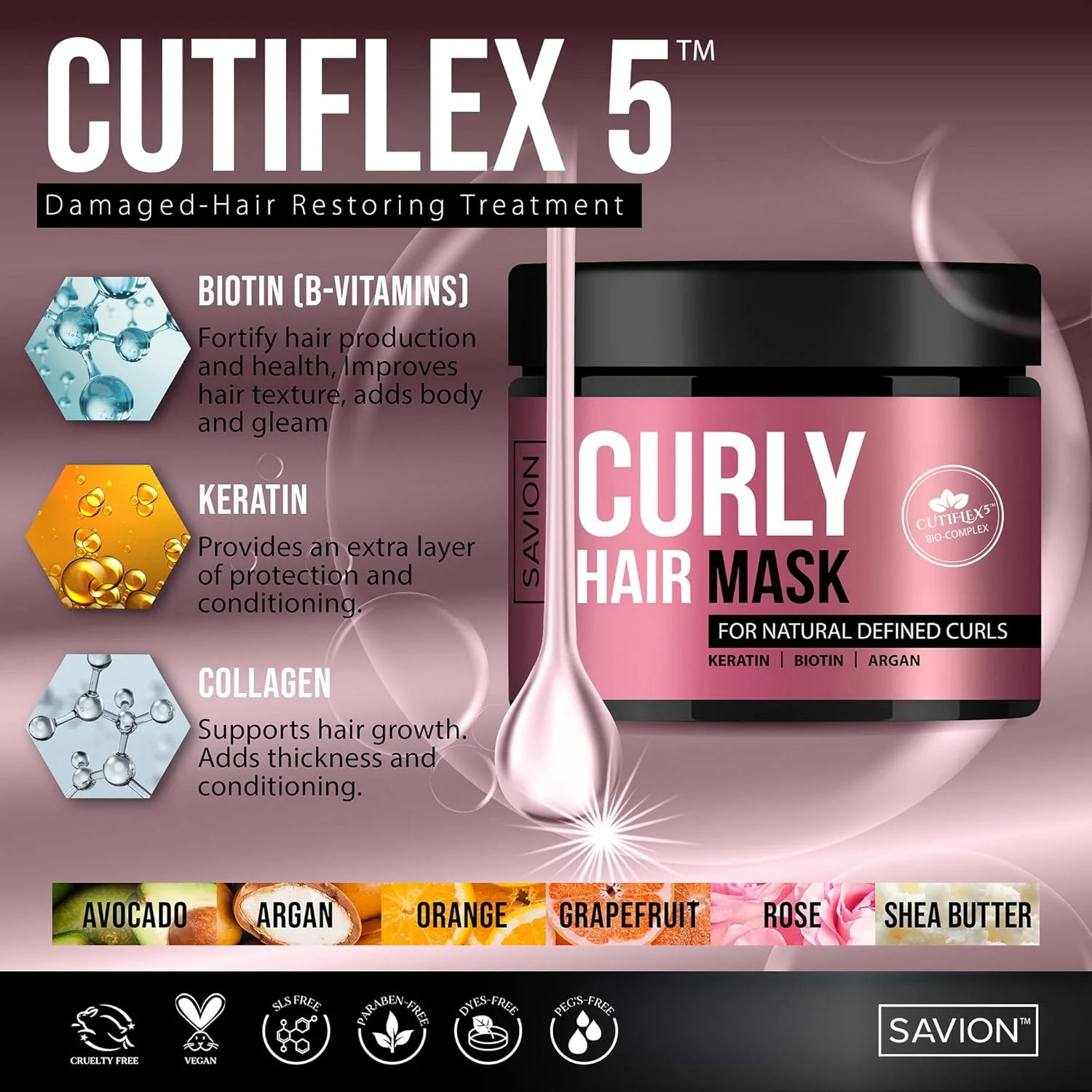 ماسک موی فر ساویون و ماساژور پوست سر سیلیکونی نرم برای فرهای طبیعی و درمان عمیق موهای خشک و آسیب دیده، حاوی شی باتر طبیعی، روغن آرگان، کراتین و بیوتین