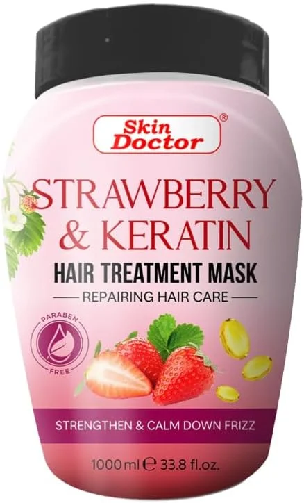 ماسک مو روغن داغ توت فرنگی و کراتین Skin-Doctor، ۱۰۰۰ میلی لیتر، ترمیم کننده مو، ضد وز ماسک مو روغن داغ توت فرنگی و کراتین Skin-Doctor، ۱۰۰۰ میلی لیتر، ترمیم کننده مو، ضد وز