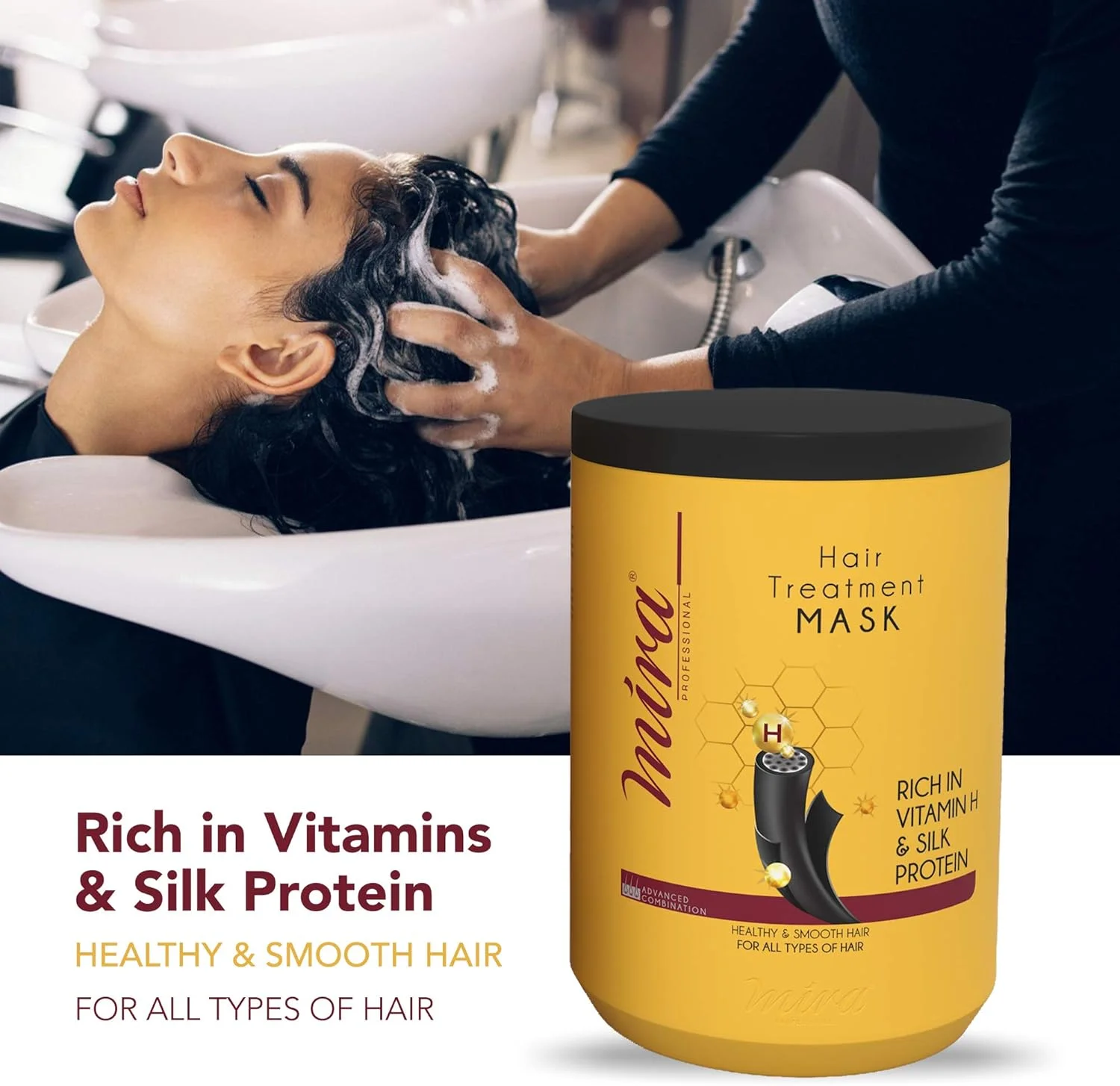 ماسک موی میرا غنی شده با ویتامین H و پروتئین ابریشم ۱۰۰۰ میلی لیتر (مناسب برای انواع مو)