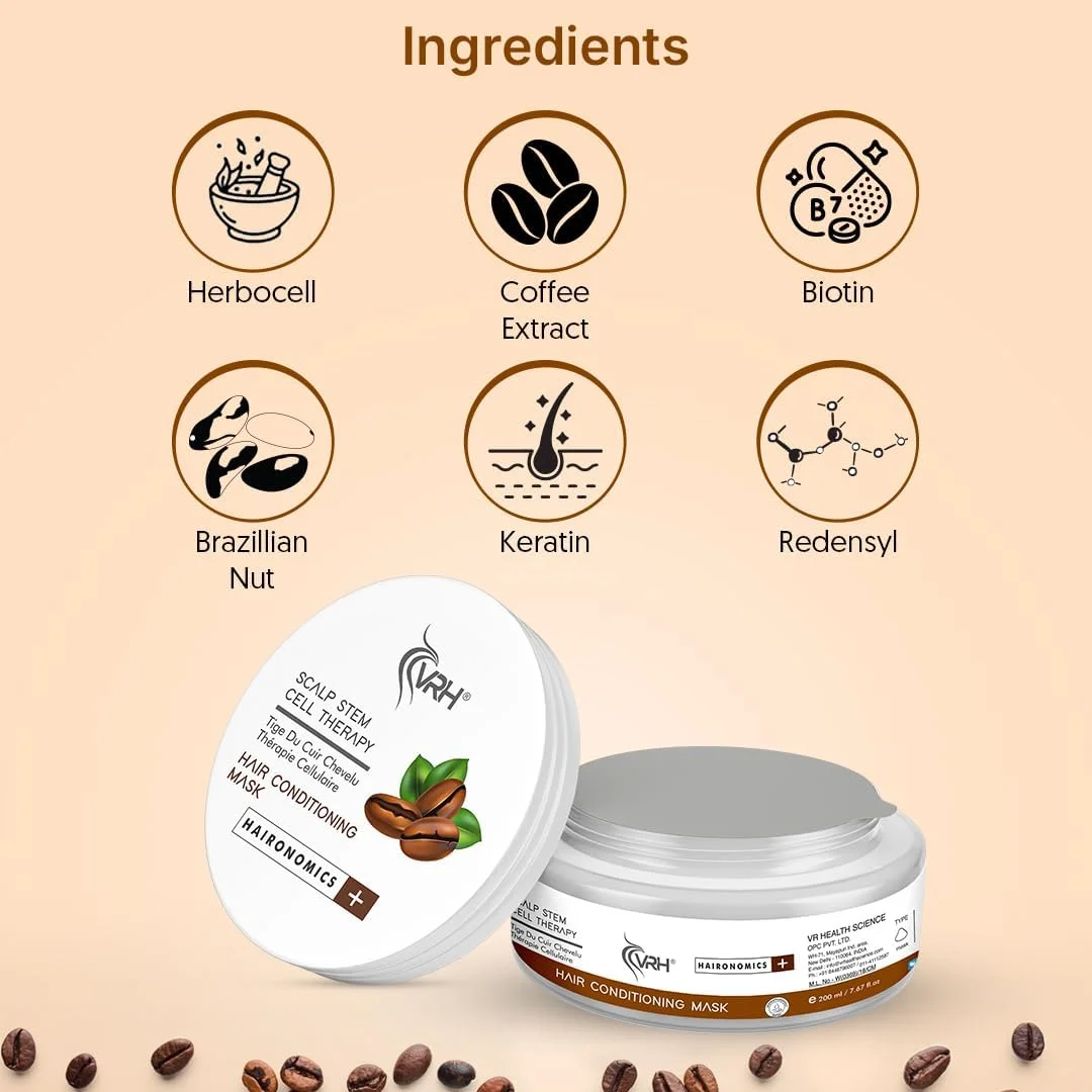 ماسک نرم کننده مو VRH | تغذیه و تحریک فولیکول های مو | تشویق به باز شدن منافذ و رشد سریعتر مو | حاوی هربوسل، عصاره قهوه و بیوتین هیدرولیز شده (200 میلی لیتر) ماسک نرم کننده مو VRH | تغذیه و تحریک فولیکول های مو | تشویق به باز شدن منافذ و رشد سریعتر مو | حاوی هربوسل، عصاره قهوه و بیوتین هیدرولیز شده (200 میلی لیتر)
