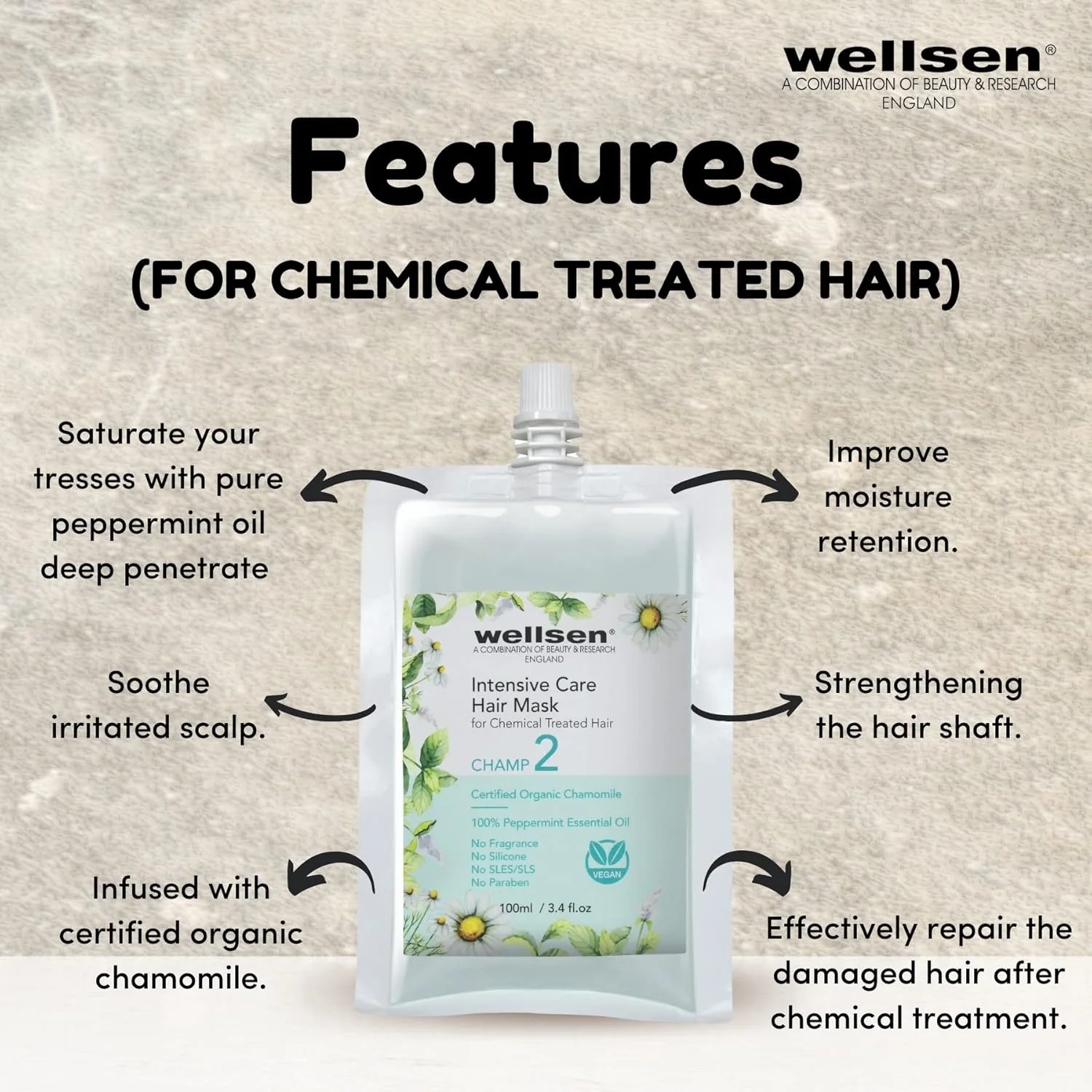 ماسک موی مراقبت ویژه نعناع فلفلی و بابونه Wellsen CHAMP 2 | بهبود حفظ رطوبت و تقویت ساقه مو، ترمیم موثر موهای آسیب دیده پس از درمان شیمیایی. 100 میلی لیتر ماسک موی مراقبت ویژه نعناع فلفلی و بابونه Wellsen CHAMP 2 | بهبود حفظ رطوبت و تقویت ساقه مو، ترمیم موثر موهای آسیب دیده پس از درمان شیمیایی. 100 میلی لیتر