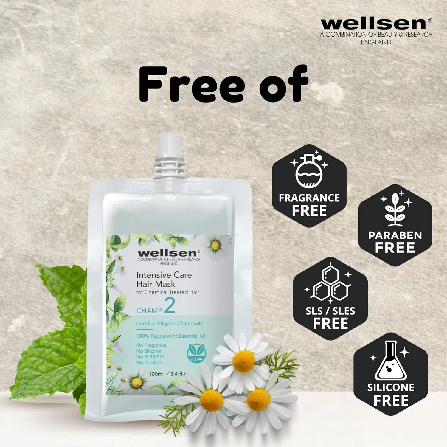 ماسک موی مراقبت ویژه نعناع فلفلی و بابونه Wellsen CHAMP 2 | بهبود حفظ رطوبت و تقویت ساقه مو، ترمیم موثر موهای آسیب دیده پس از درمان شیمیایی. 100 میلی لیتر ماسک موی مراقبت ویژه نعناع فلفلی و بابونه Wellsen CHAMP 2 | بهبود حفظ رطوبت و تقویت ساقه مو، ترمیم موثر موهای آسیب دیده پس از درمان شیمیایی. 100 میلی لیتر