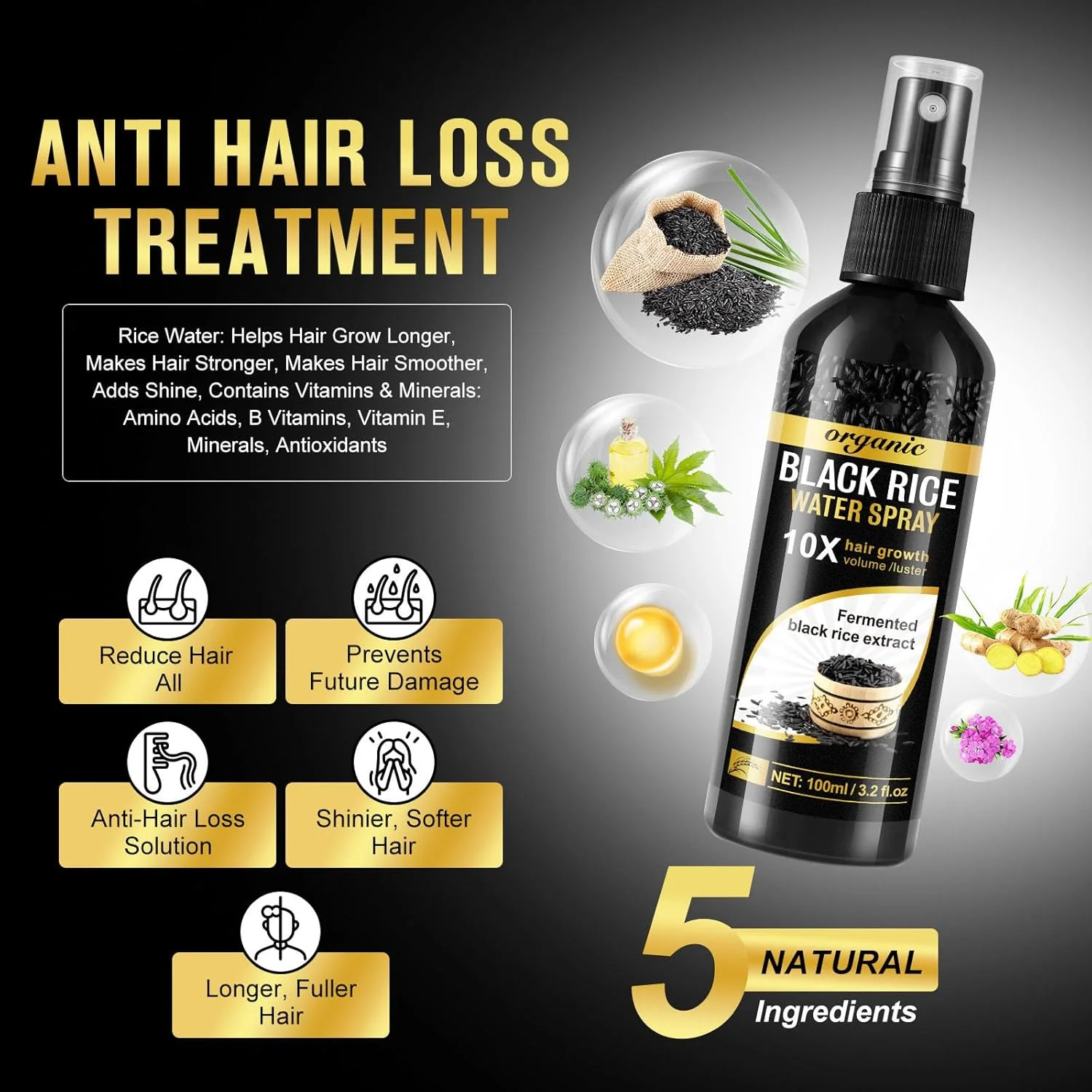 اسپری اسانس برنج سیاه برای مو، اسپری رشد مجدد مو برنج سیاه، اسپری ضد ریزش مو برنج سیاه، مرطوب کننده و مغذی پوست سر، تقویت کننده رشد مو، مناسب برای انواع مو (2 عدد)