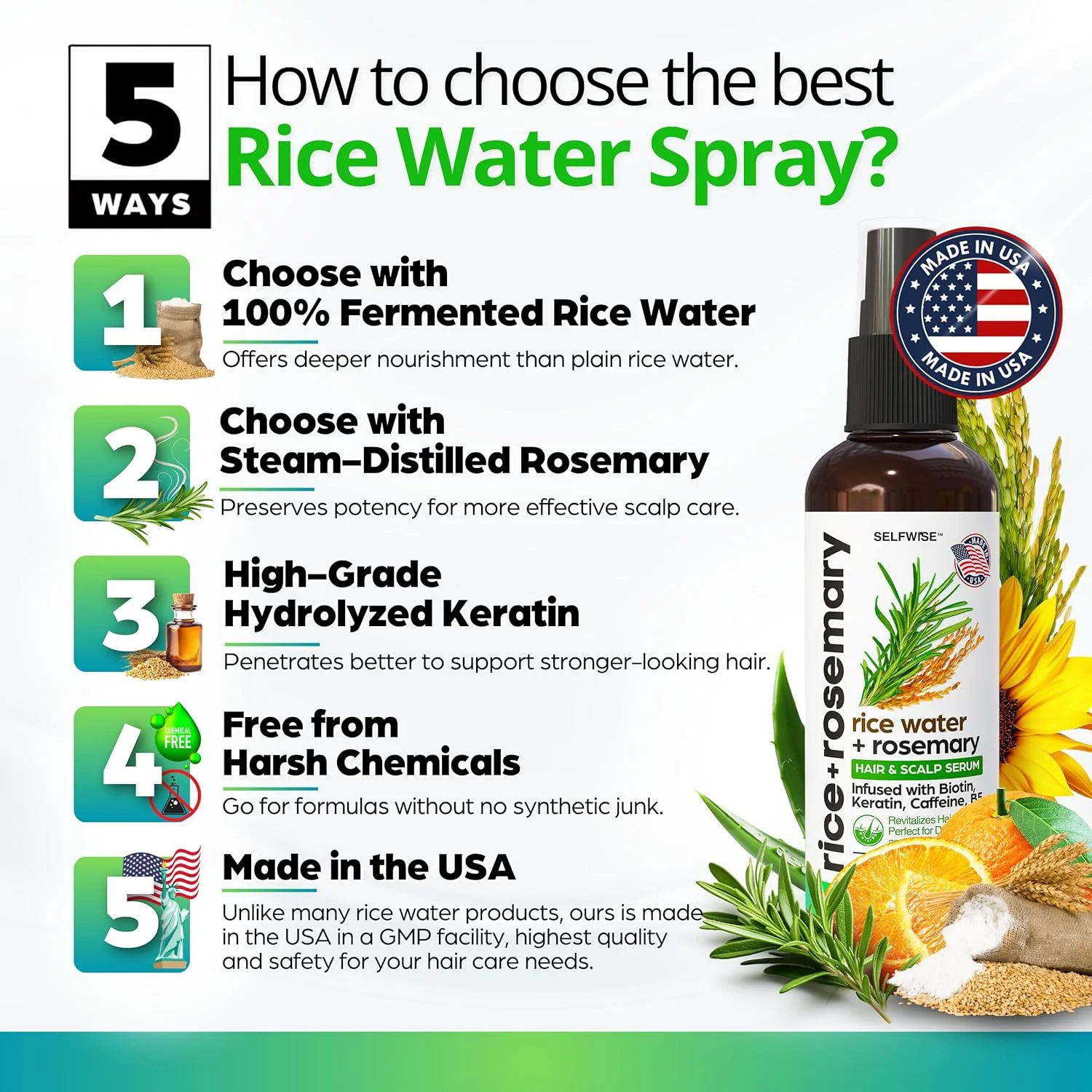 اسپری جدید آب برنج تخمیر شده برای رشد مو با رزماری، بیوتین، کراتین، کافئین، ویتامین C و B5 - برای موهای نازک، ریزش مو، موهای ضخیم تر، بلندتر و نرم تر - انواع مو - مردان و زنان