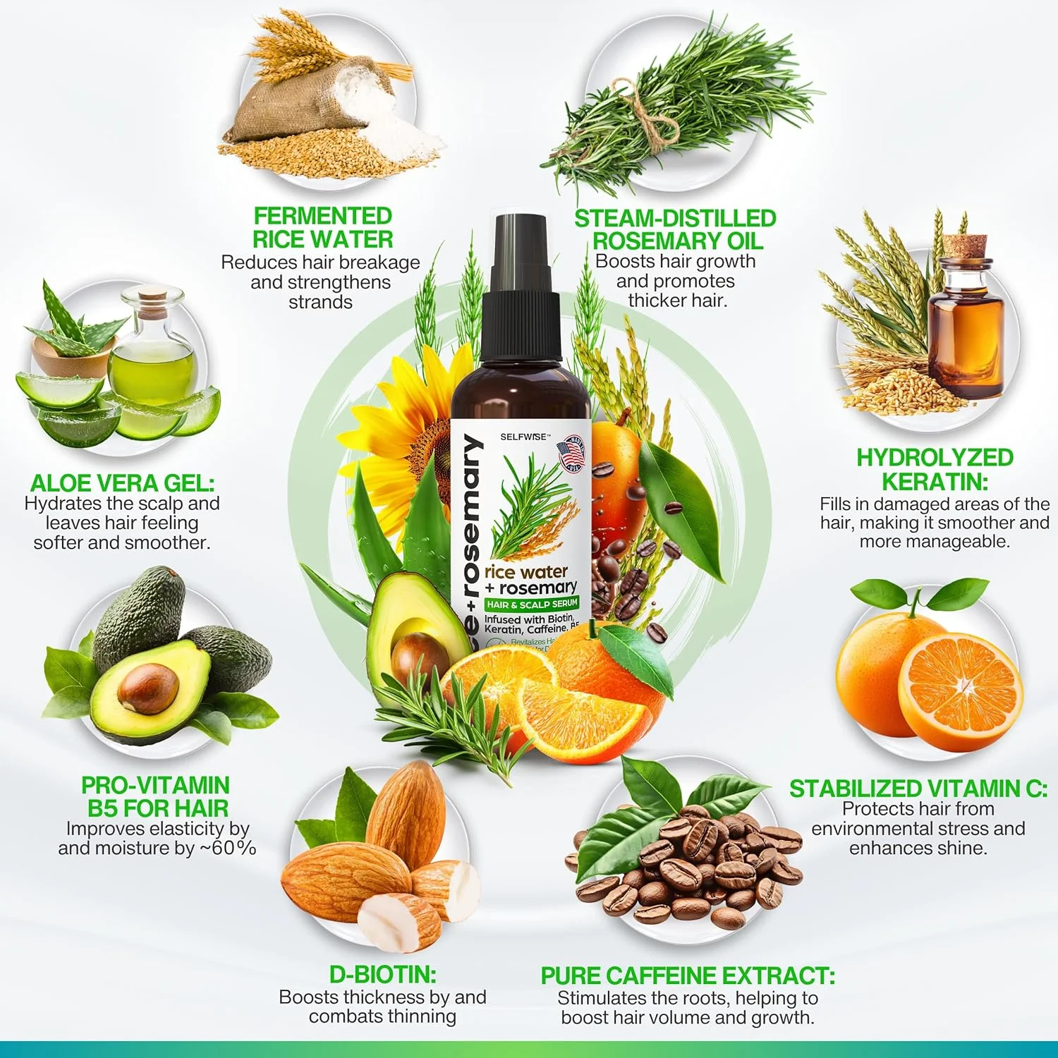 اسپری جدید آب برنج تخمیر شده برای رشد مو با رزماری، بیوتین، کراتین، کافئین، ویتامین C و B5 - برای موهای نازک، ریزش مو، موهای ضخیم تر، بلندتر و نرم تر - انواع مو - مردان و زنان