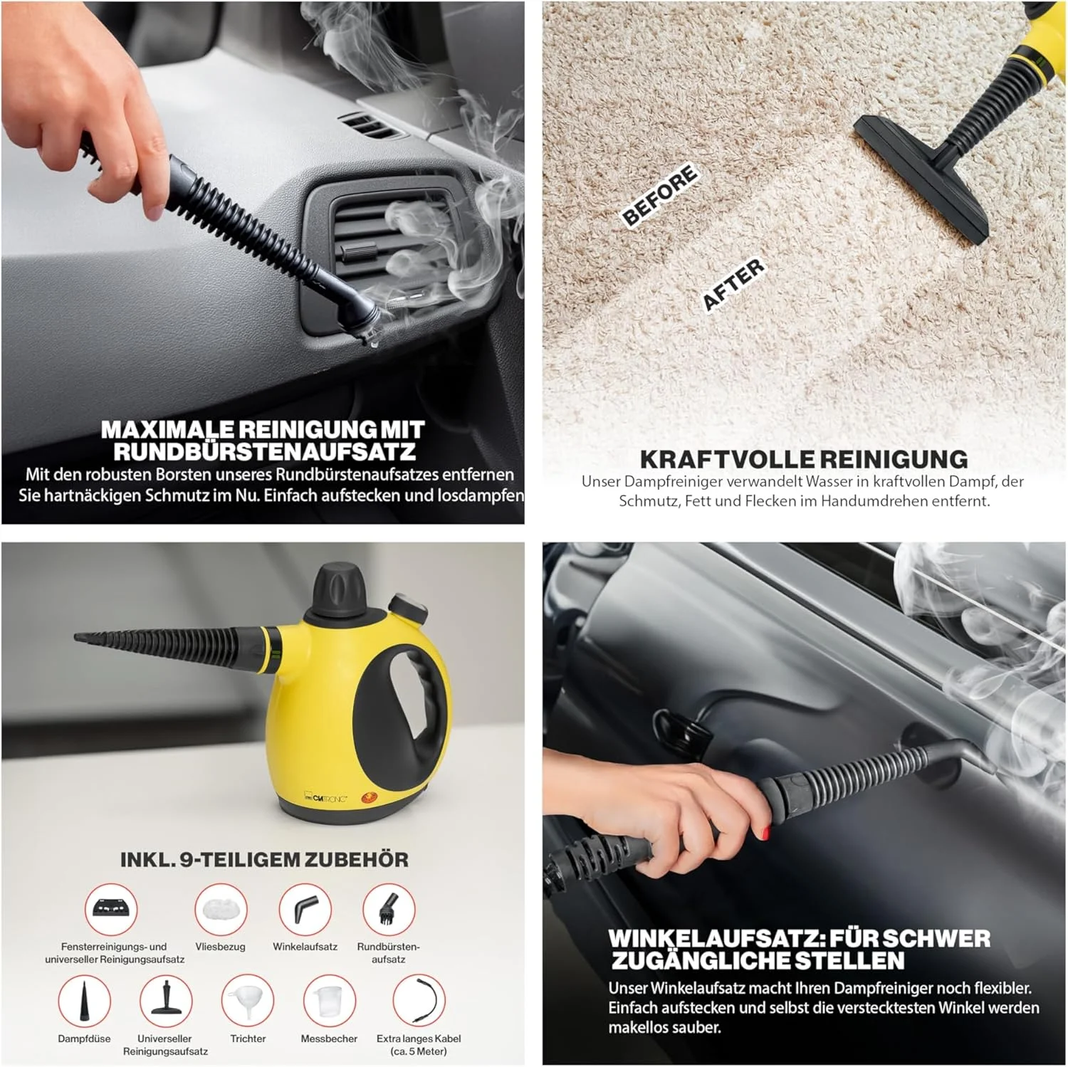 بخارشوی قابل حمل Clatronic DR 3653 - ظرفیت 250 میلی لیتر، فشار 3.5 بار، زرد/مشکی بخارشوی قابل حمل Clatronic DR 3653 - ظرفیت 250 میلی لیتر، فشار 3.5 بار، زرد/مشکی