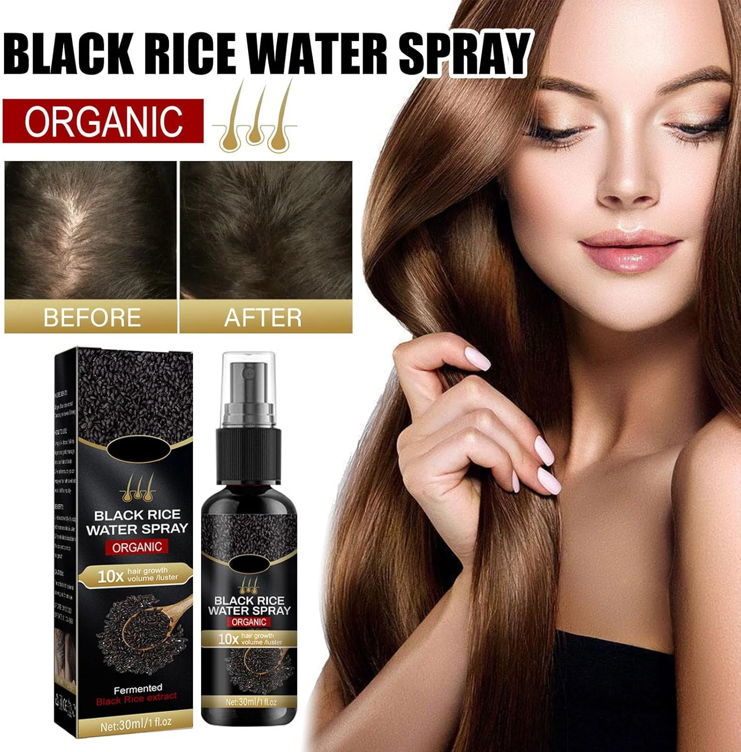 اسپری مو برنج سیاه، اسپری رشد مو، سرم ضد ریزش مو، اسپری تقویت کننده و رشد مجدد مو، مناسب برای آقایان و بانوان (2 عدد)