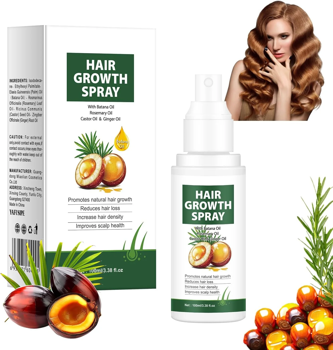 اسپری روغن تقویت کننده مو با رزماری، کرچک و روغن باتانا، اسپری ضخیم کننده مو برای ریزش مو و موهای آسیب دیده، سرم رشد مو برای زنان و مردان، 100 میلی لیتر