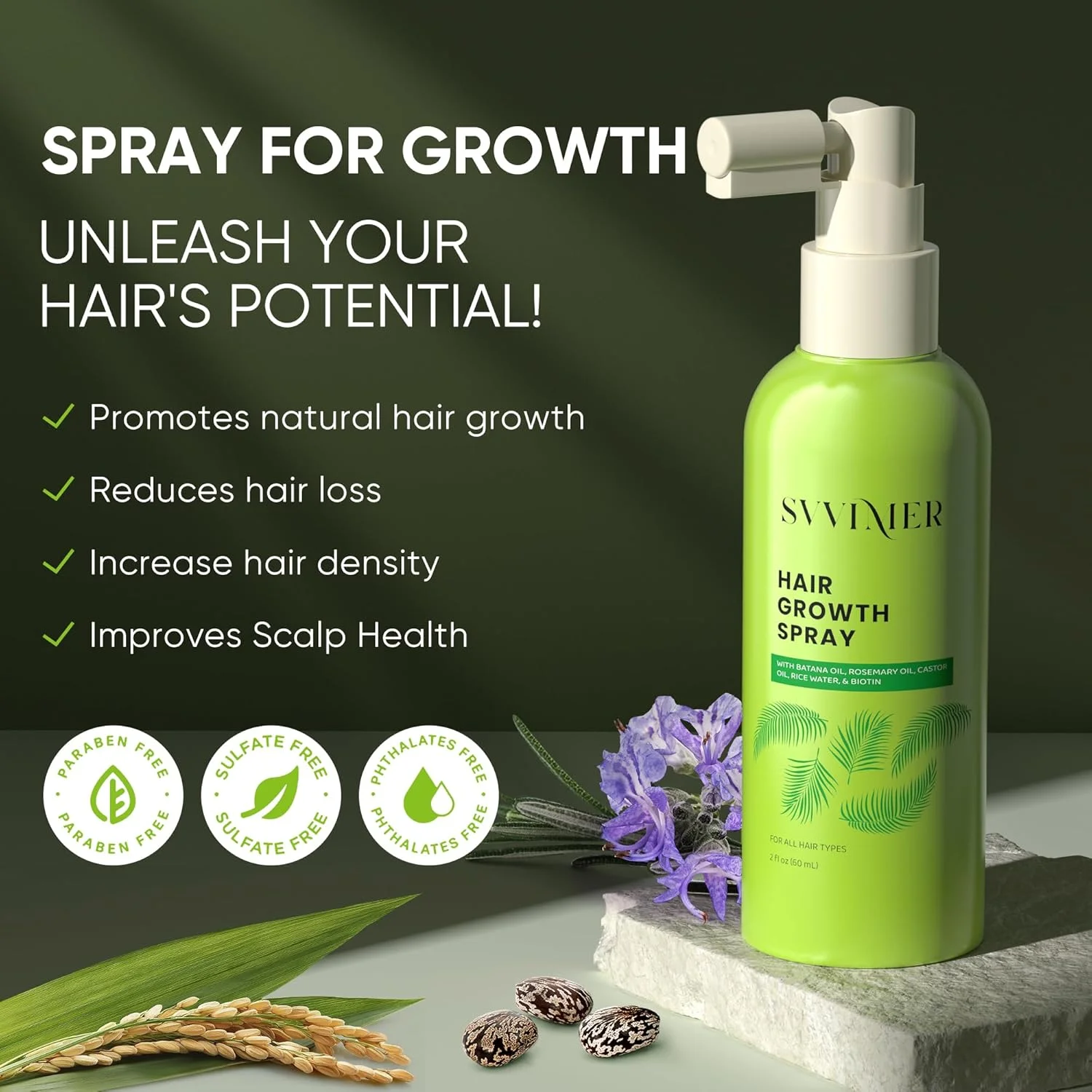 اسپری سرم رشد مو با روغن رزماری و باتانا، بیوتین برای ریزش مو و نازک شدن مو، موهای ضخیم تر و پرپشت تر برای زنان و مردان، 2 اونس