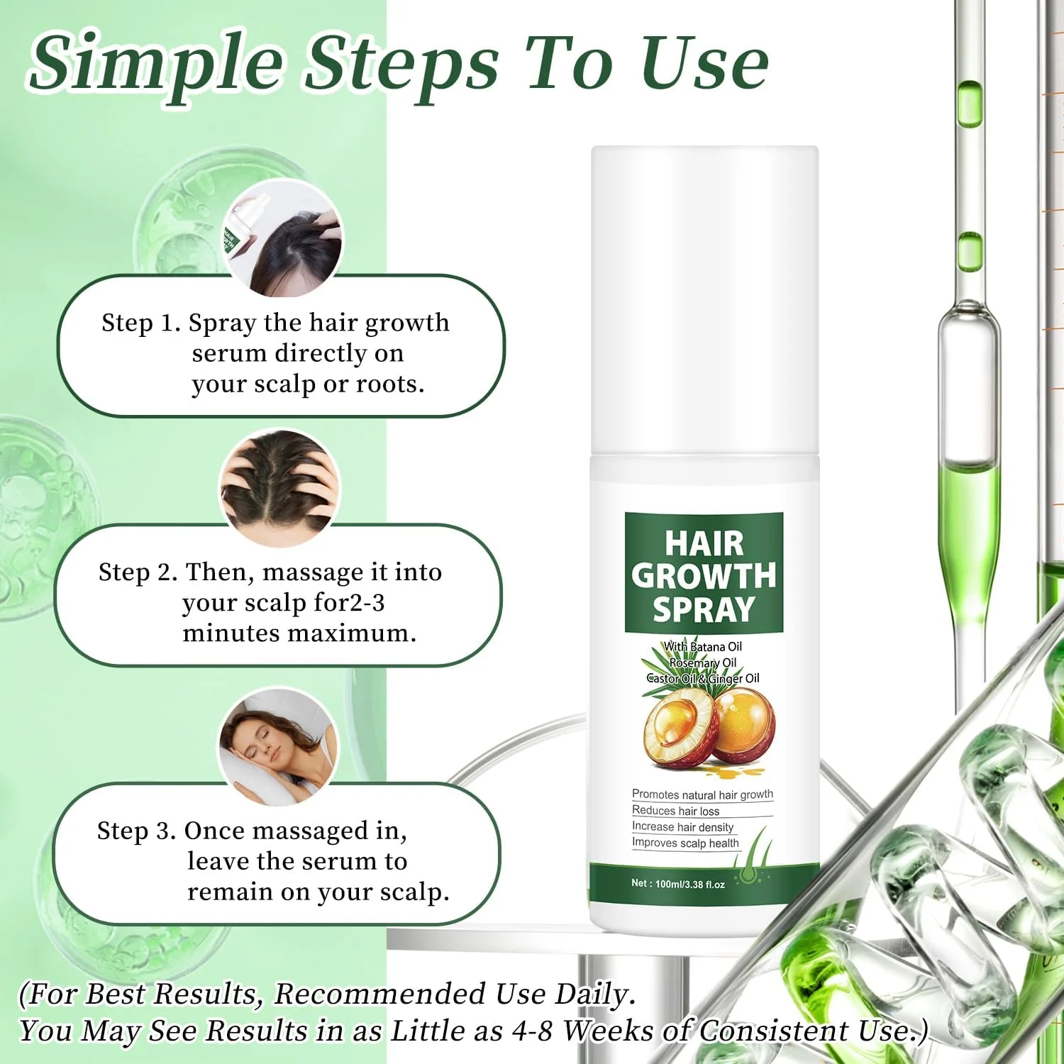 اسپری روغن تقویت کننده مو با رزماری، کرچک و روغن باتانا، اسپری ضخیم کننده مو برای ریزش مو و موهای آسیب دیده، سرم رشد مو برای زنان و مردان، 100 میلی لیتر